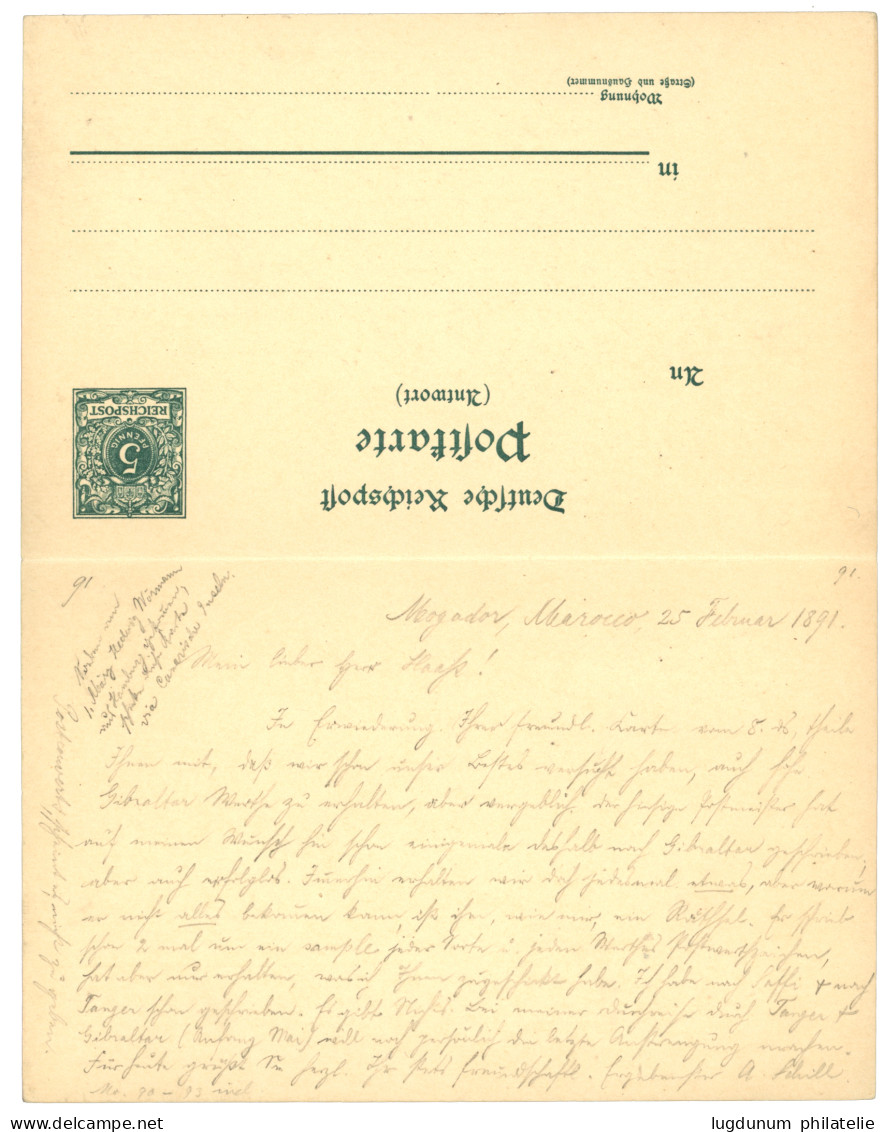 GERMAN MOROCCO - MOGADOR Via LAS PALMAS : 1891 GERMANY P./Stat 5pf (+ Reply Unused) Datelined "MOGADOR" + Bisect 10pg Ca - Deutsche Post In Marokko