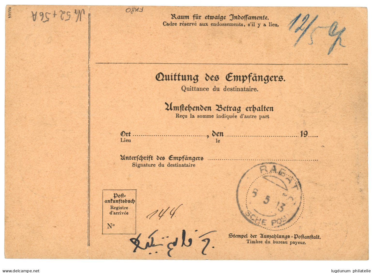 GERMAN MOROCCO : 1913 2P50c On 2 MARK + 50c On 40pf Canc. TANGER On MANDAT POSTE INTERNATIONAL To RABAT. Signed KILIAN.  - Morocco (offices)