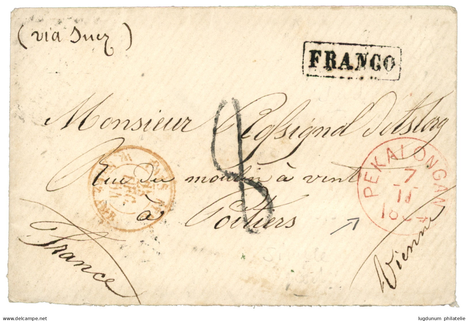 1864 PELALONGAN Red + Boxed FRANCO + 8 Tax Marking On Envelope To FRANCE. Superb. - Netherlands Indies