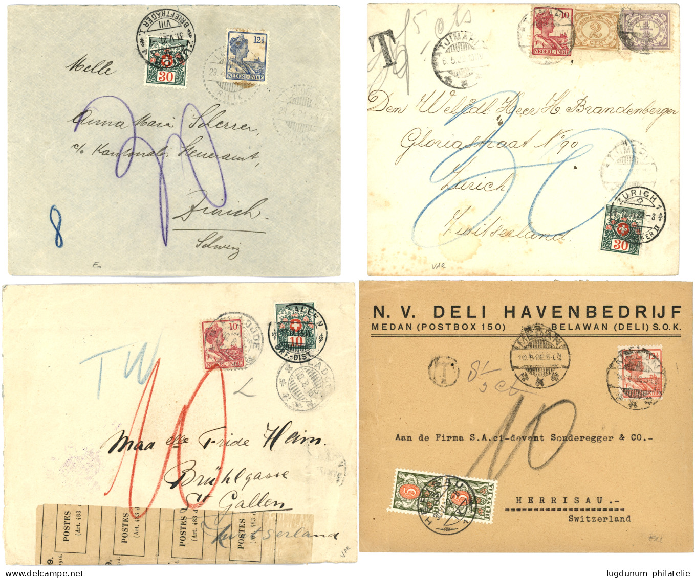 NETHERLAND COLONIES : 1915/32 Nice Lot Of 7 Covers To SWITZERLAND Taxed With SWISS POSTAGE DUES. Vf. - India Holandeses