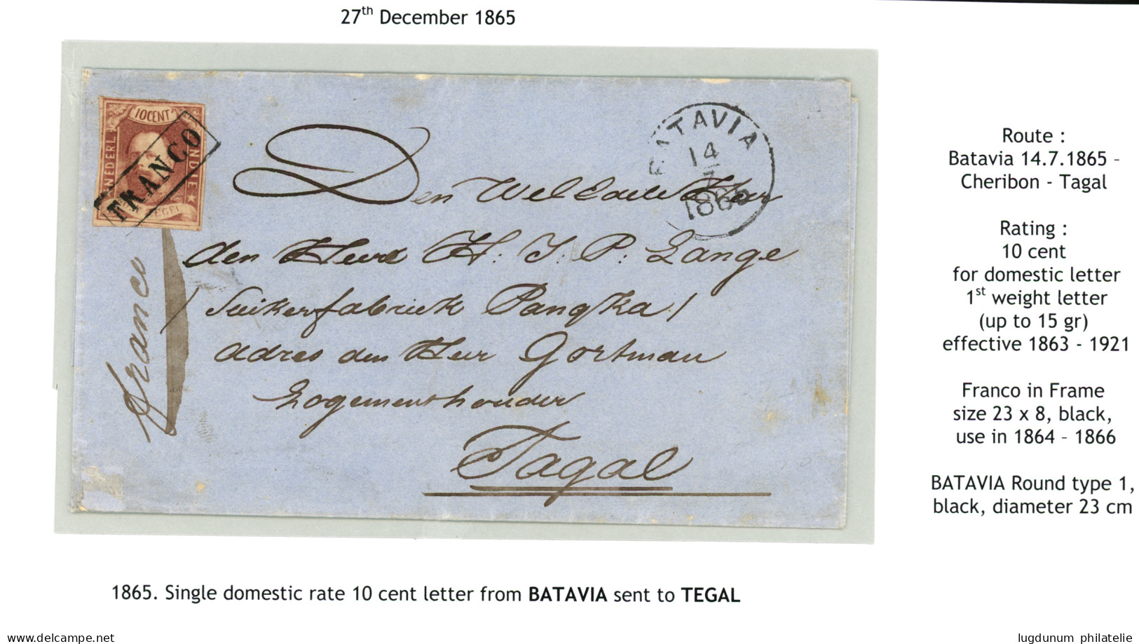 BATAVIA + FRANCO : 1865 10c (n°1) Just Touched Top Right Margin Canc. FRANCO + Round Cds BATAVIA On Cover To TAGAL. Vvf. - Netherlands Indies