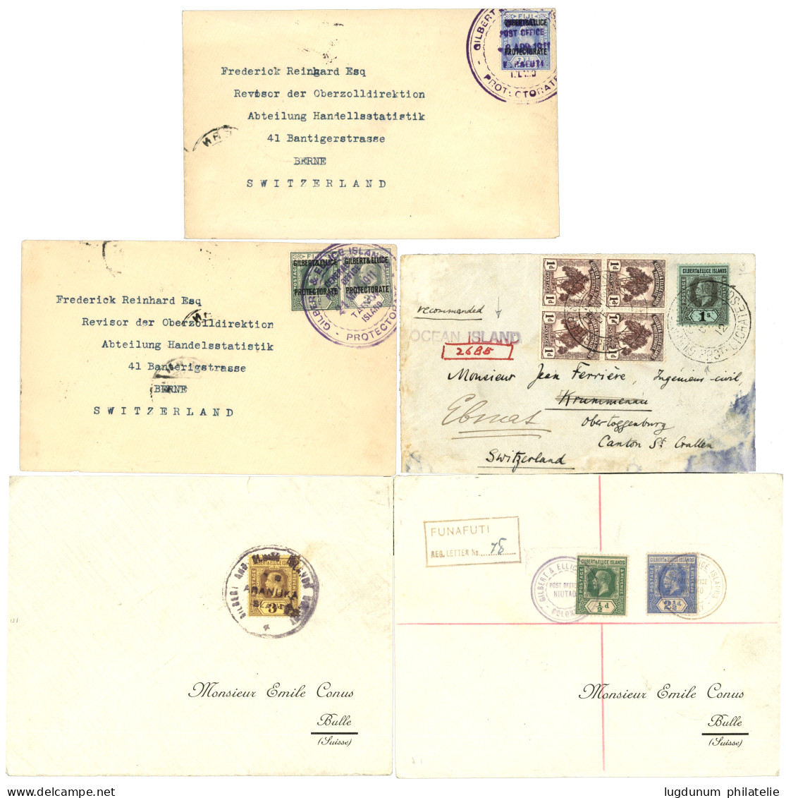 GILBERT & ELLICE ISLANDS : 1912/34 Lot Of 5 Covers (OCEAN ISLD, TARAWA, FUNAFUTI, ADANUKA ...). Vf. - Gilbert & Ellice Islands (...-1979)