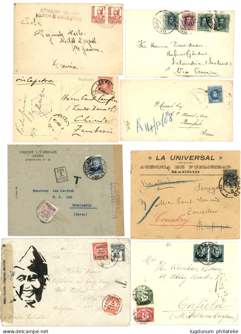 SPAIN : 1900/37 Lot 12 Covers To SIAM, JERUSALEM, SENEGAL, ZAMBESIA, ICELAND + CENSOR+ TAX. Vf. - Altri & Non Classificati