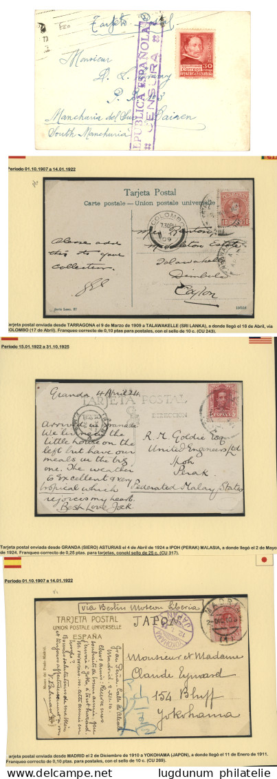 SPAIN : 1909/37 Lot 4 Covers To MANCHURIA, PERAK, JAPAN, CEYLON. Vvf. - Otros & Sin Clasificación