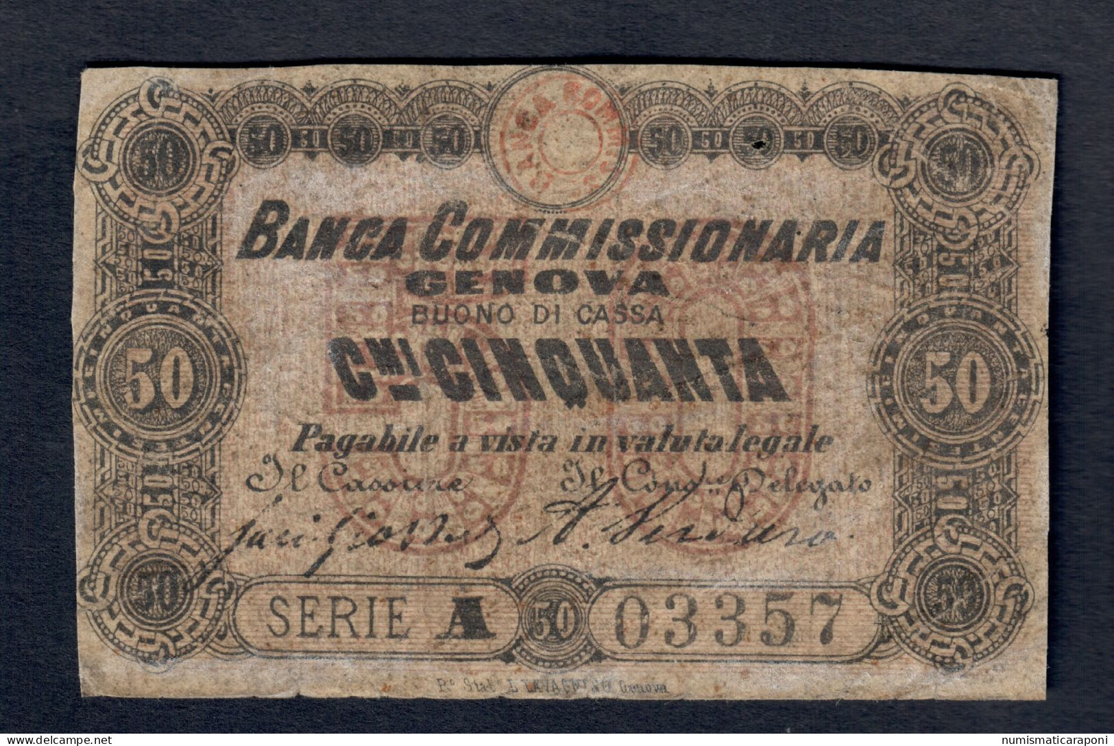 Banca Commissionaria Genova 50 Cent 1868  Gav.06.0592.1 Fiduciario R3 RRR Forellino Mb Lotto.184 - Autres & Non Classés