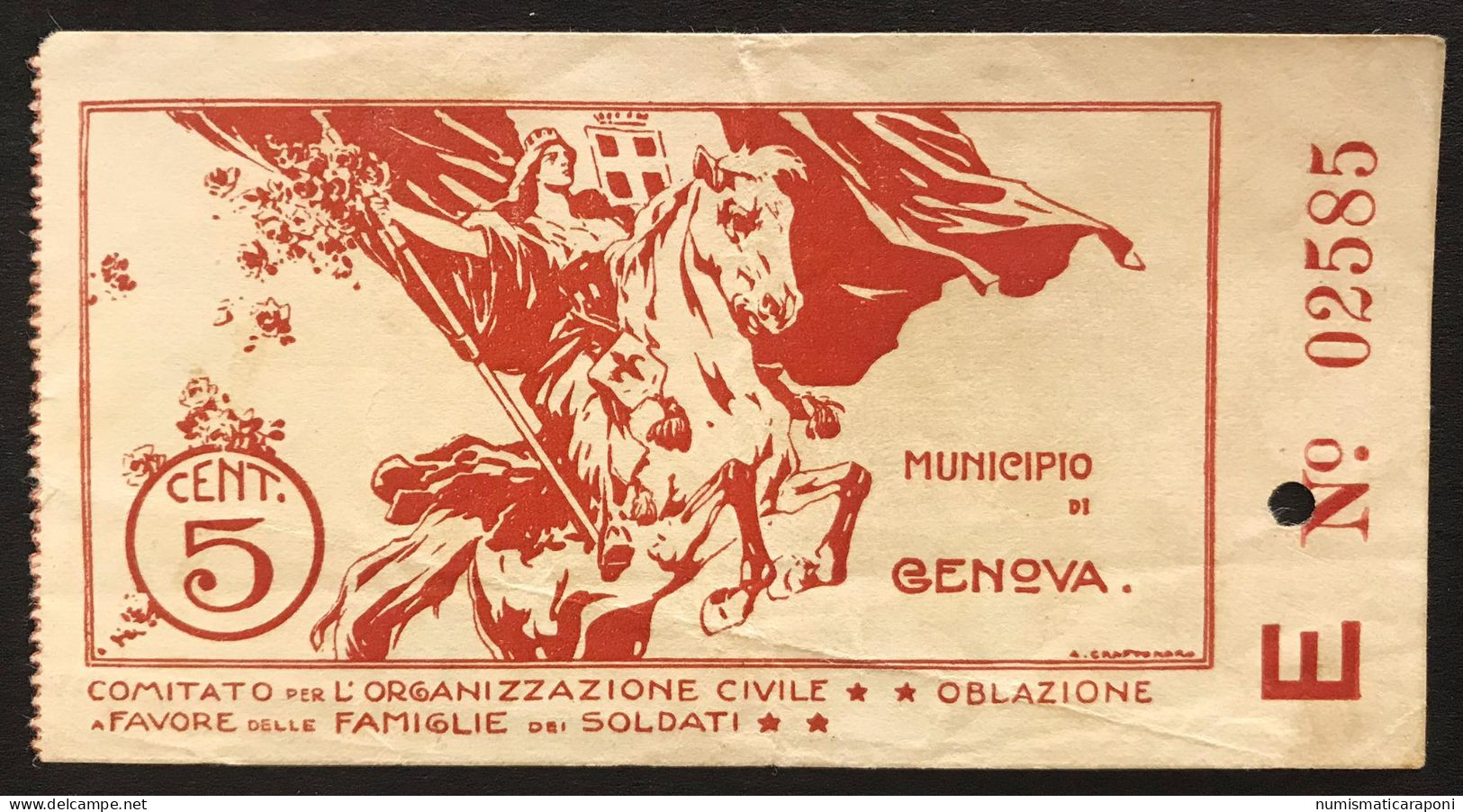 Biglietto Fiduciario 5 Cent Genova Oblazione A Favore Delle Famiglie Dei Soldati Primi 900 Bb+  LOTTO 198 - Other & Unclassified