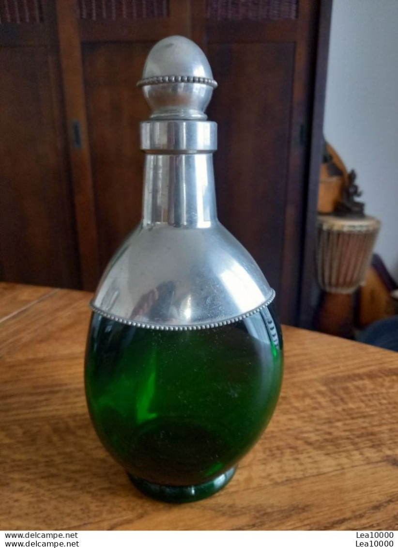 Ancienne Carafe à Whisky - Les Etains De Paris - Verre Moulé De Couleur Verte - Bouteille Héraldique, Blason - Whisky