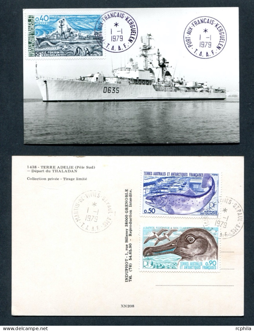 RC 26053 TAAF 1979 - 2 CARTES PORT AUX FRANÇAIS KERGUELEN + MARTIN DE VIVIES ST PAUL AMS - Cartas & Documentos