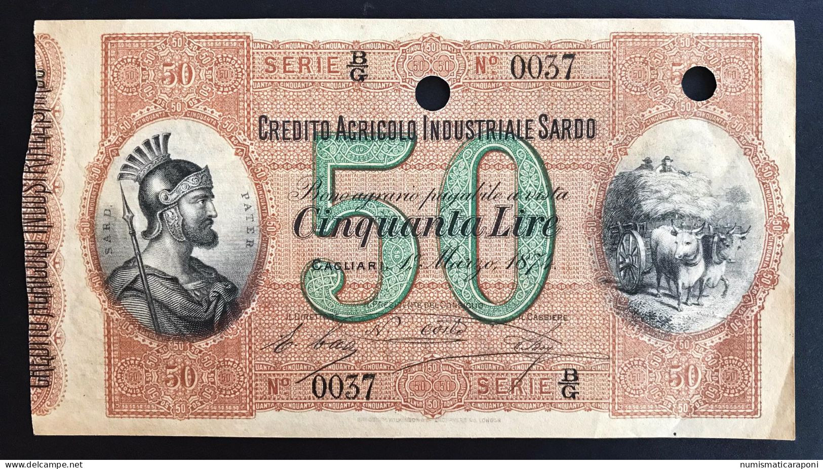 CREDITO AGRICOLO INDUSTRIALE SARDO 50 LIRE 01/031874 RARO Spl Fori Di Annullamento  LOTTO 365 - Otros & Sin Clasificación