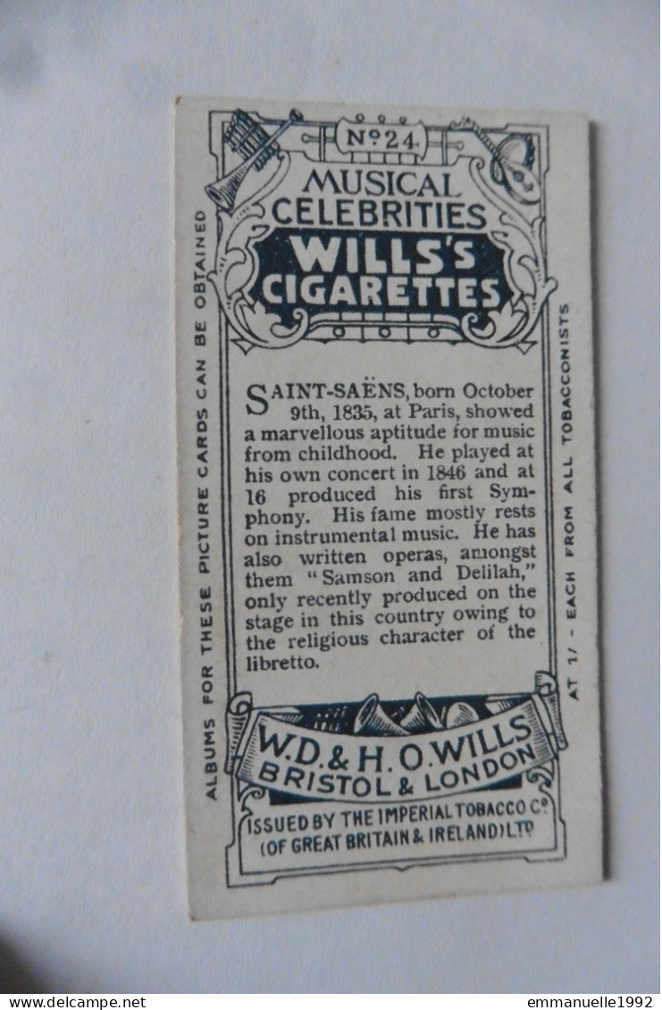 Chromo Wills's Cigarettes - Camille Saint-Saëns Musical Celebrities N°24 Compositeur - RARE ! - Wills