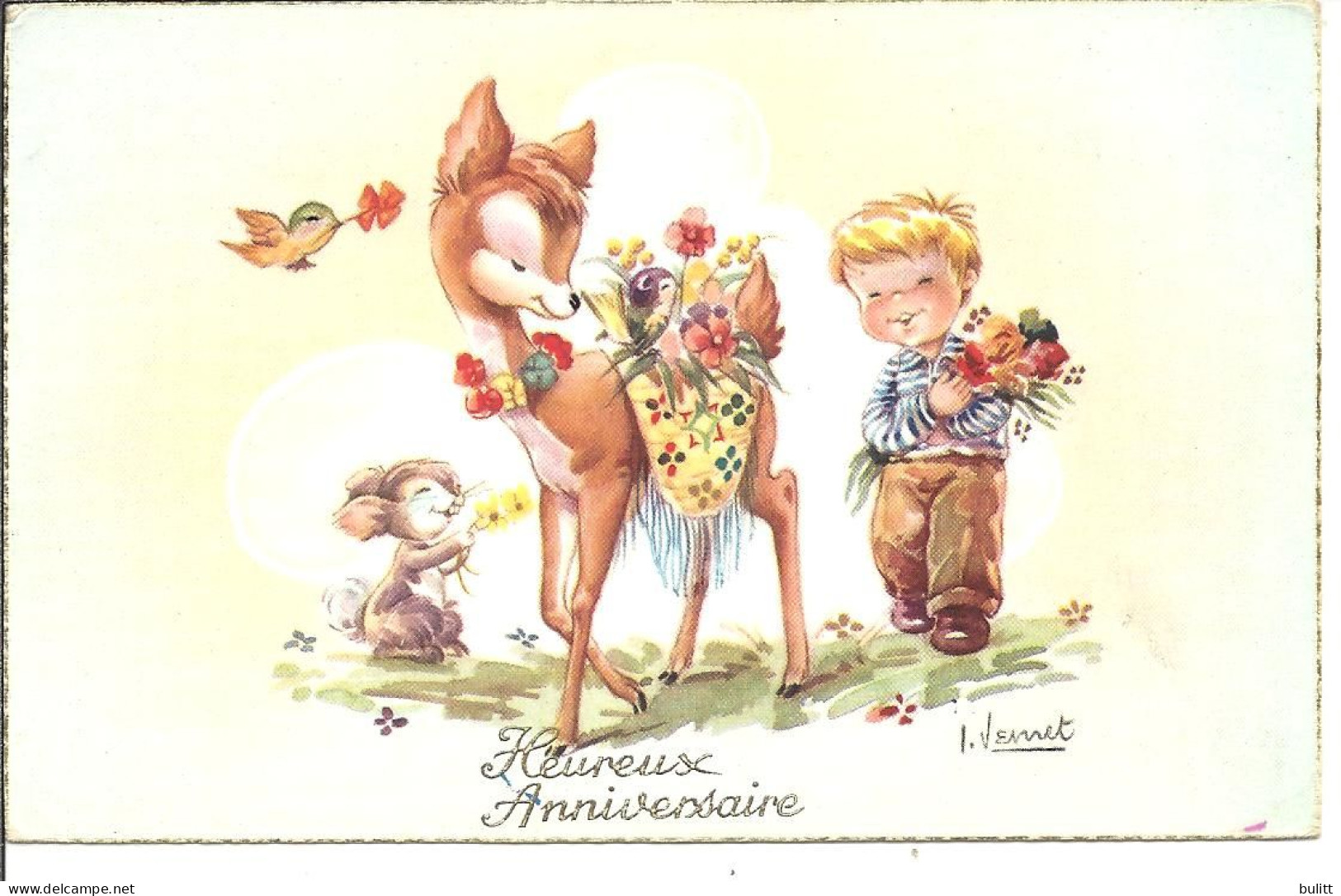 ILLUSTRATEUR -  I. VERNET - Enfant - Biche - Lapin - Oiseau - Heureux Anniversaire - Rabier, B.