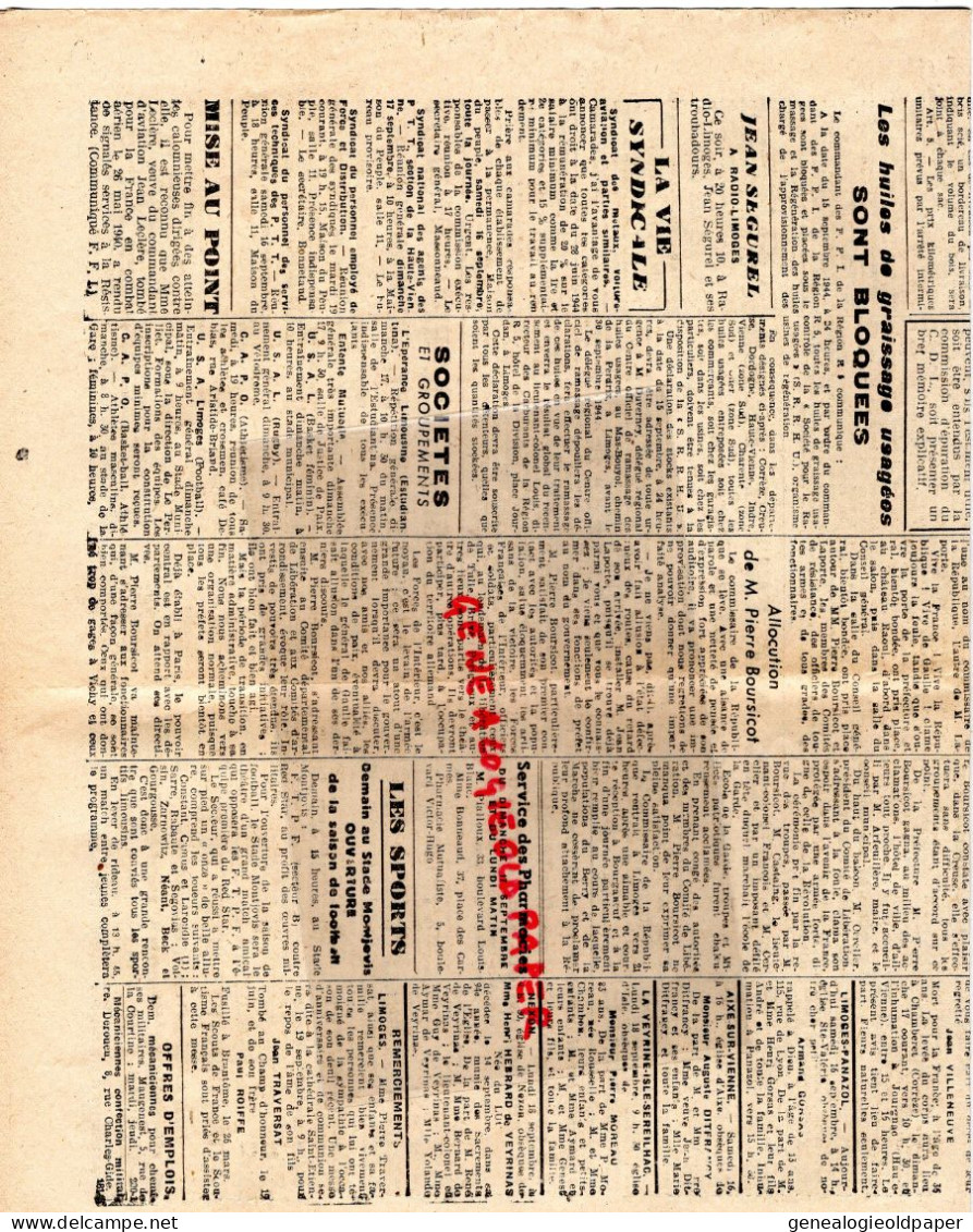 LIMOGES-GUERRE 1939-45- WW2-LE CENTRE LIBRE-16-9-1944-RESISTANCE-FFI- VARSOVIE PRAGA-GENERAL DE GAULLE A LYON-MILICE - Historische Documenten