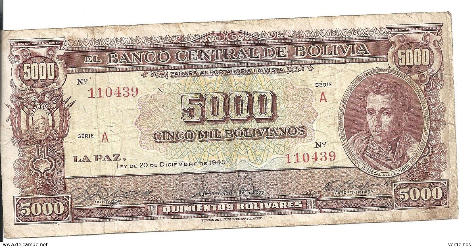 BOLIVIE 5000 BOLIVIANOS L.1945 VF P 145 - Bolivie