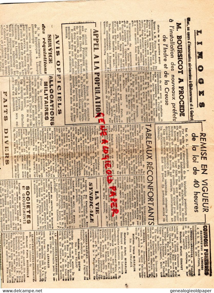 LIMOGES-GUERRE 1939-45- WW2-LE CENTRE LIBRE-15-9-1944-RESISTANCE-FFI-RADIO BERLIN-LIBERATION- DE GAULLE-EPURATION PARIS - Historische Dokumente