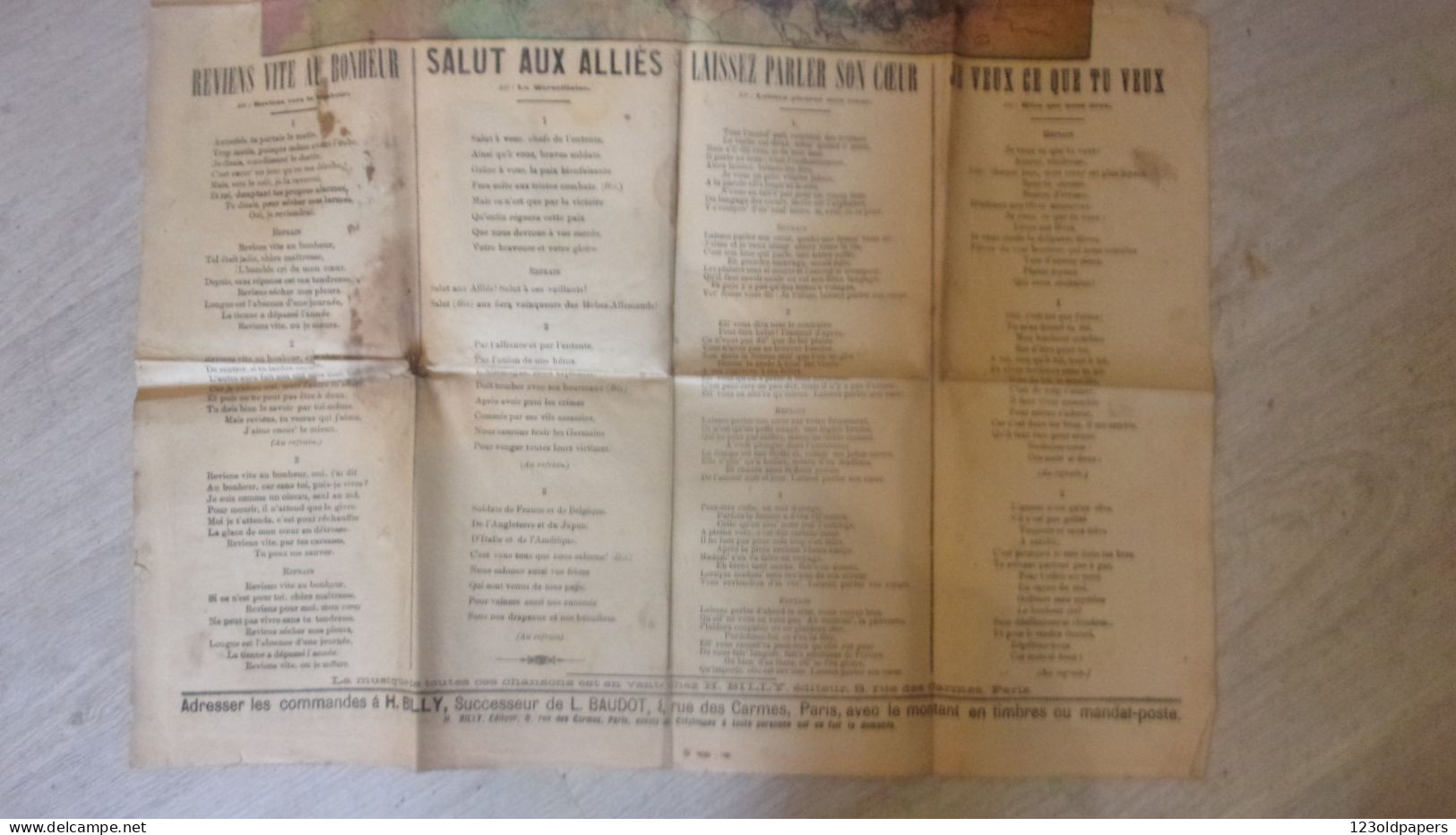 WWI CHANSONS GUERRE  38/50 CM GLOIRE ET CHATIMENT BILLY PARIS IDEAL ENCADREMENT - 1914-18