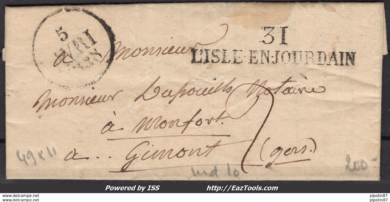 FRANCE MARQUE POSTALE NOIRE 49 X 11 MM 31 L'ISLE JOURDAIN GERS A DESTINATION DE GIMONT DE 1828 - 1701-1800: Precursori XVIII