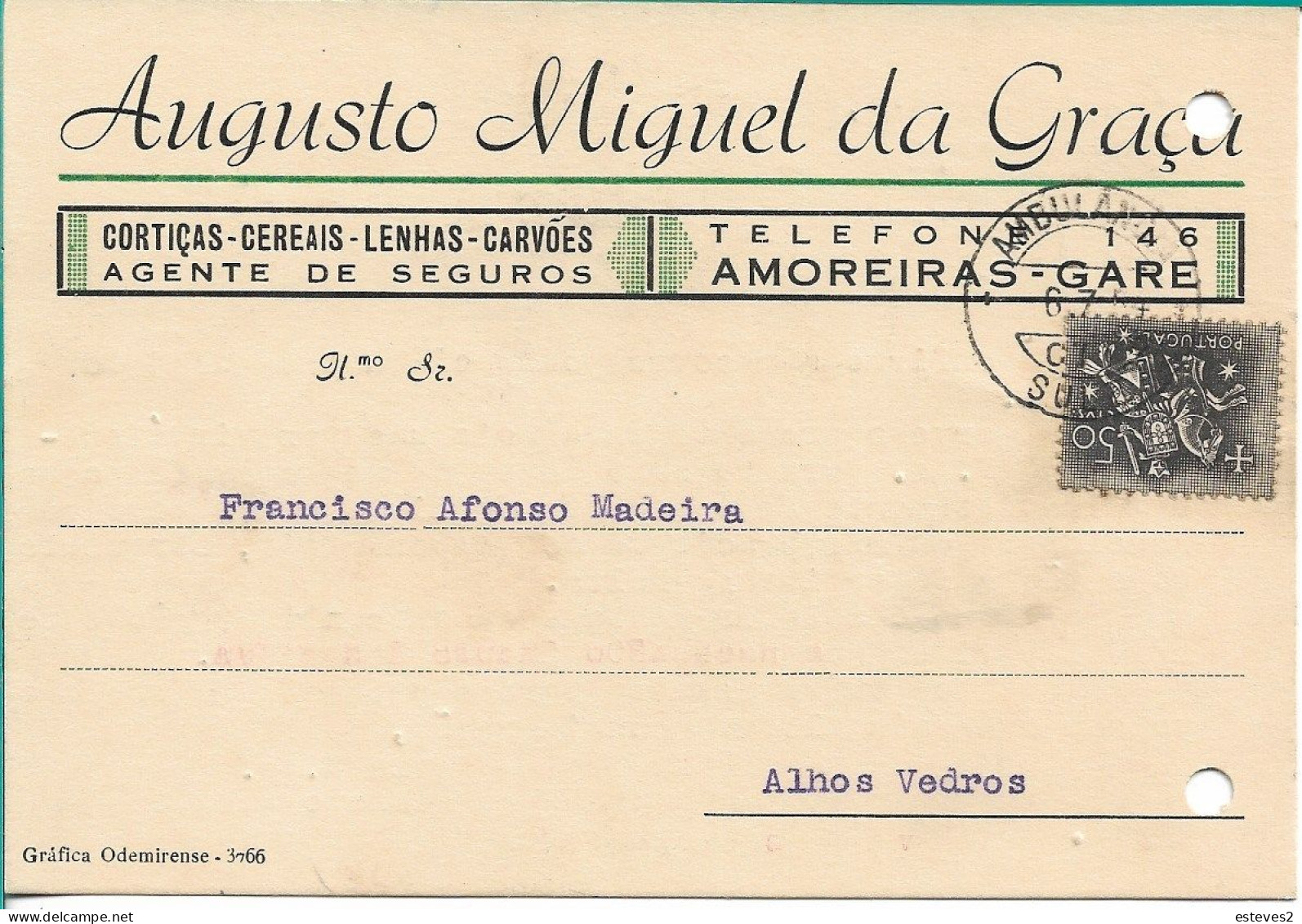 Portugal , 1954 ,  AUGUSTO MIGUEL DA GRAÇA , Amoreiras Gare , Alentejo , Commercial Mail , Ambulância Sul II Postmark - Portugal