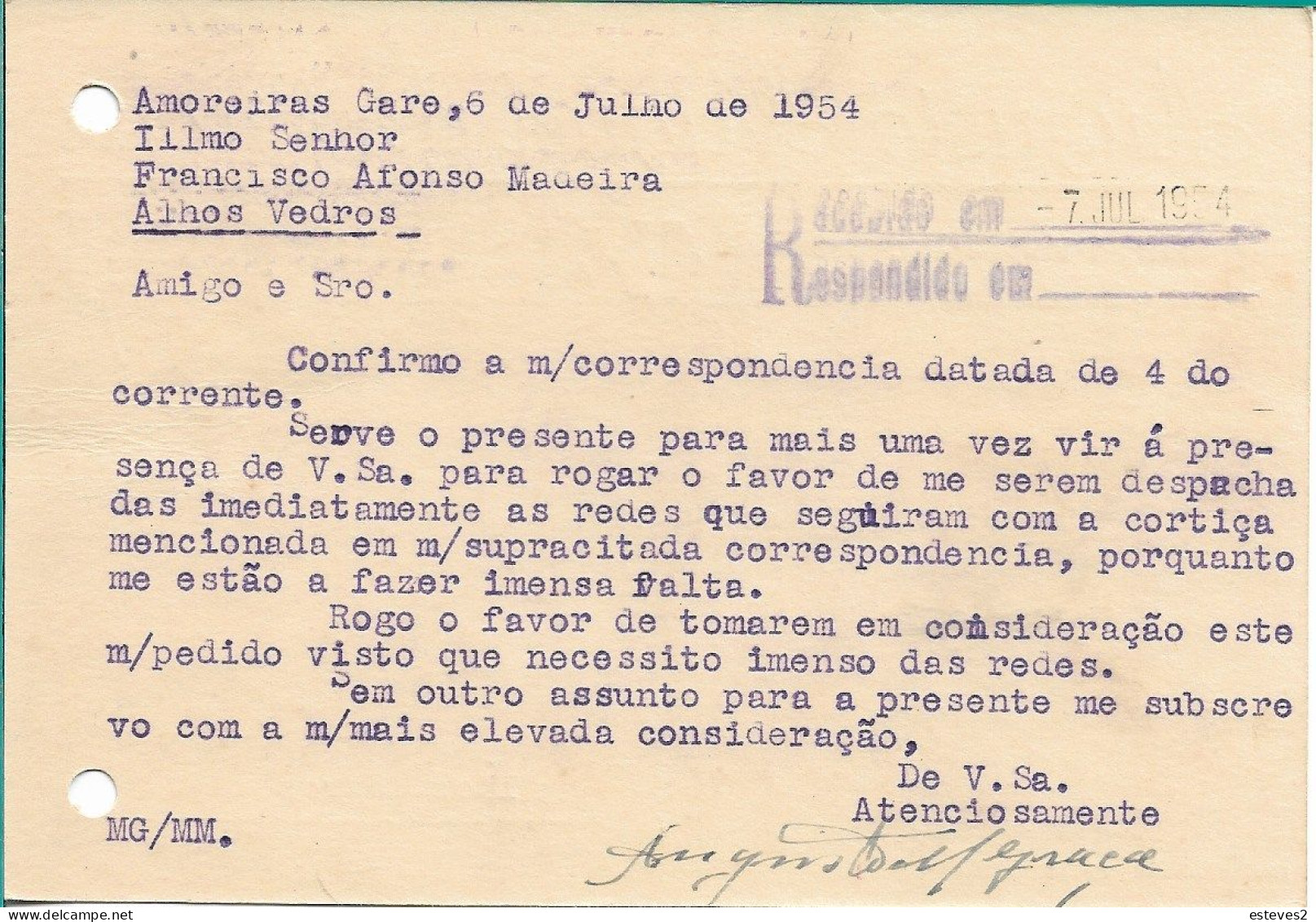 Portugal , 1954 ,  AUGUSTO MIGUEL DA GRAÇA , Amoreiras Gare , Alentejo , Commercial Mail , Ambulância Sul II Postmark - Portogallo