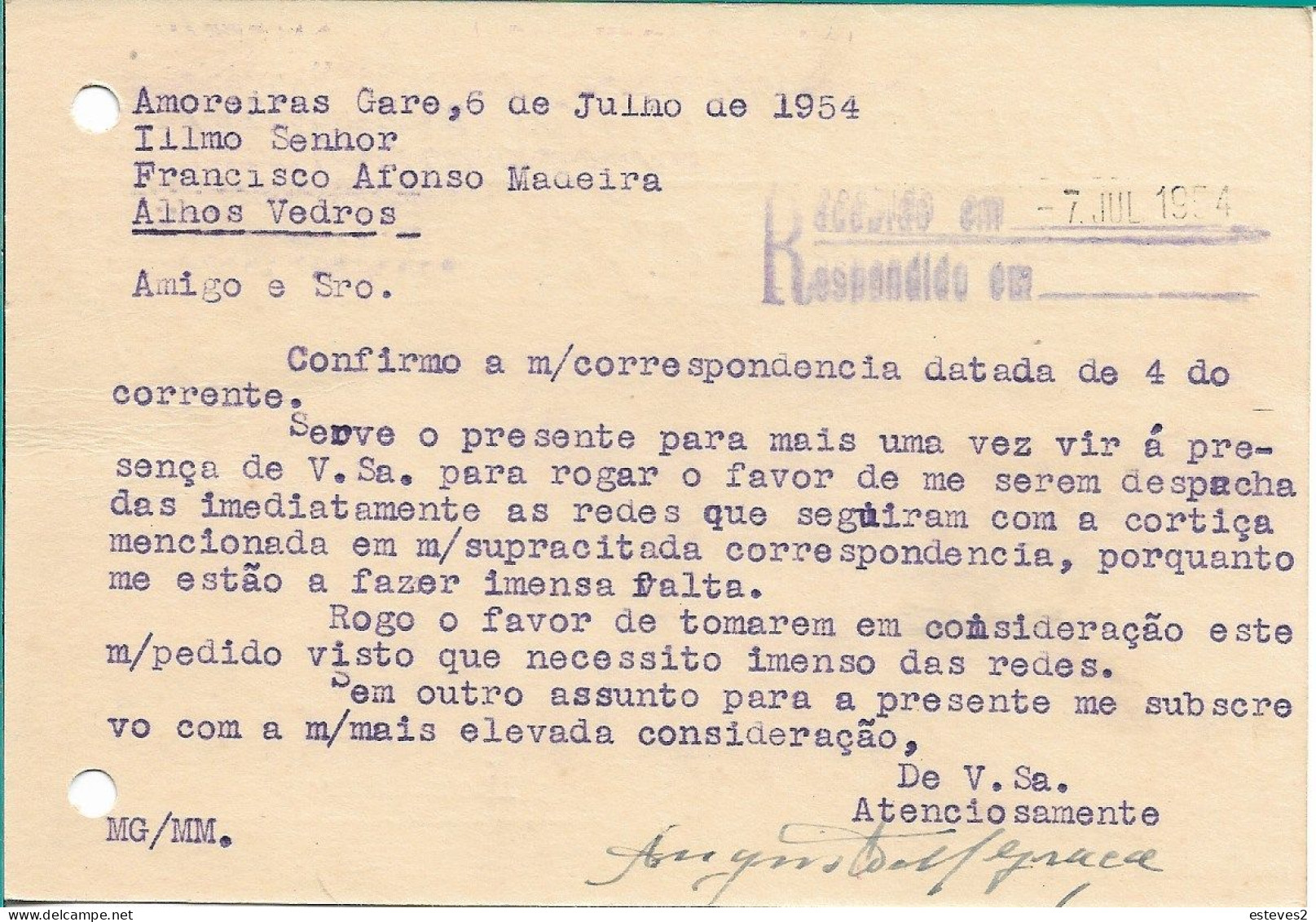 Portugal , 1954 ,  AUGUSTO MIGUEL DA GRAÇA , Amoreiras Gare , Alentejo , Commercial Mail , Ambulância Sul II Postmark - Portugal