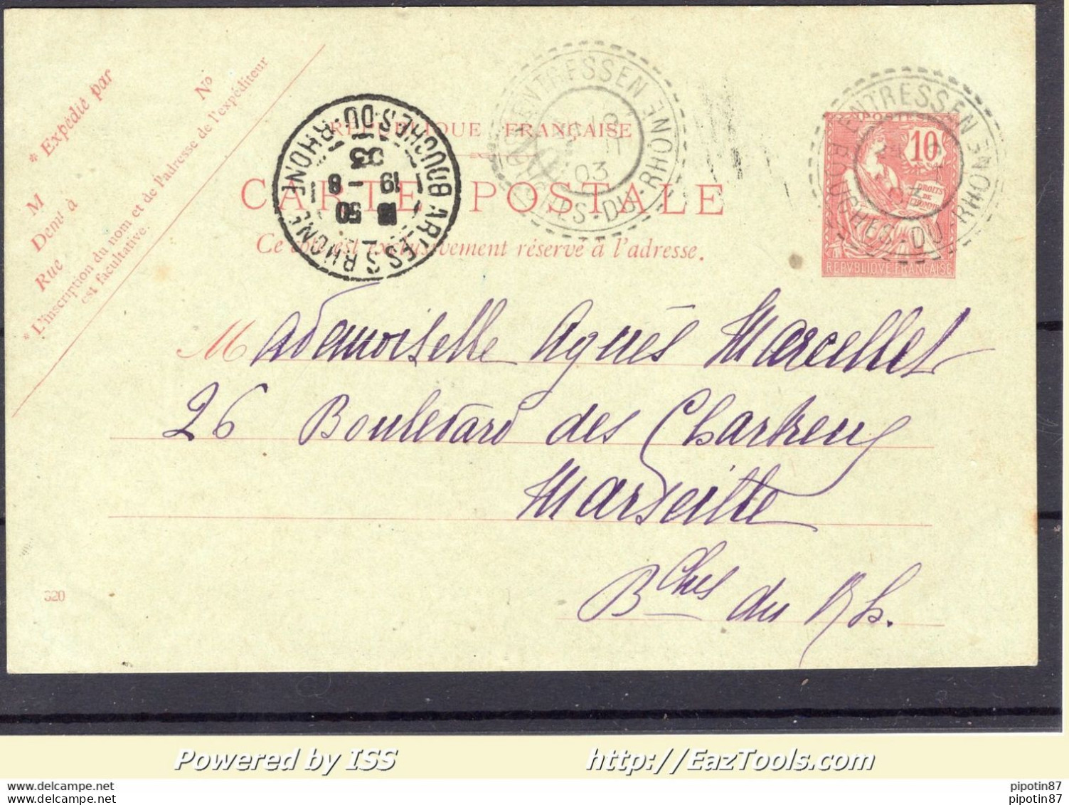 FRANCE CP RICHEMENT DECOREE A LA MAIN AVEC CACHET PERLÉ D'ENTRESSEN DU 19/08/1903 - Standard Postcards & Stamped On Demand (before 1995)