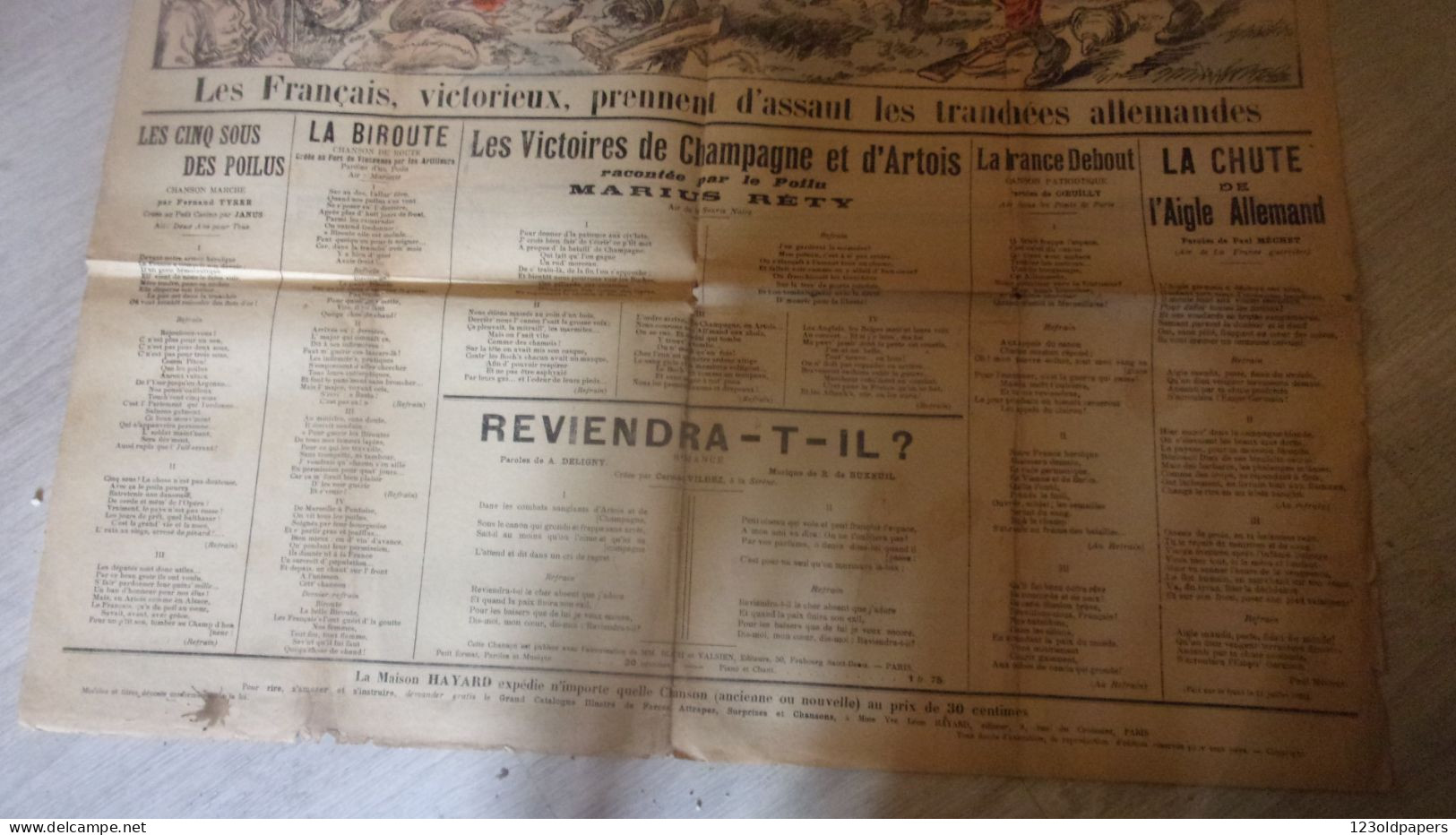 WWI CHANSONS GUERRE  60/80 CM  LA BATAILLE DE CHAMPAGNE 1916 IDEAL ENCADREMENT - 1914-18