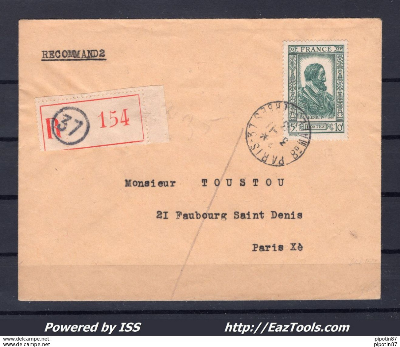 FRANCE N° 592 SEUL SUR LETTRE RECOMMANDEE POUR PARIS DE PARIS DU 03/11/1943 - Covers & Documents