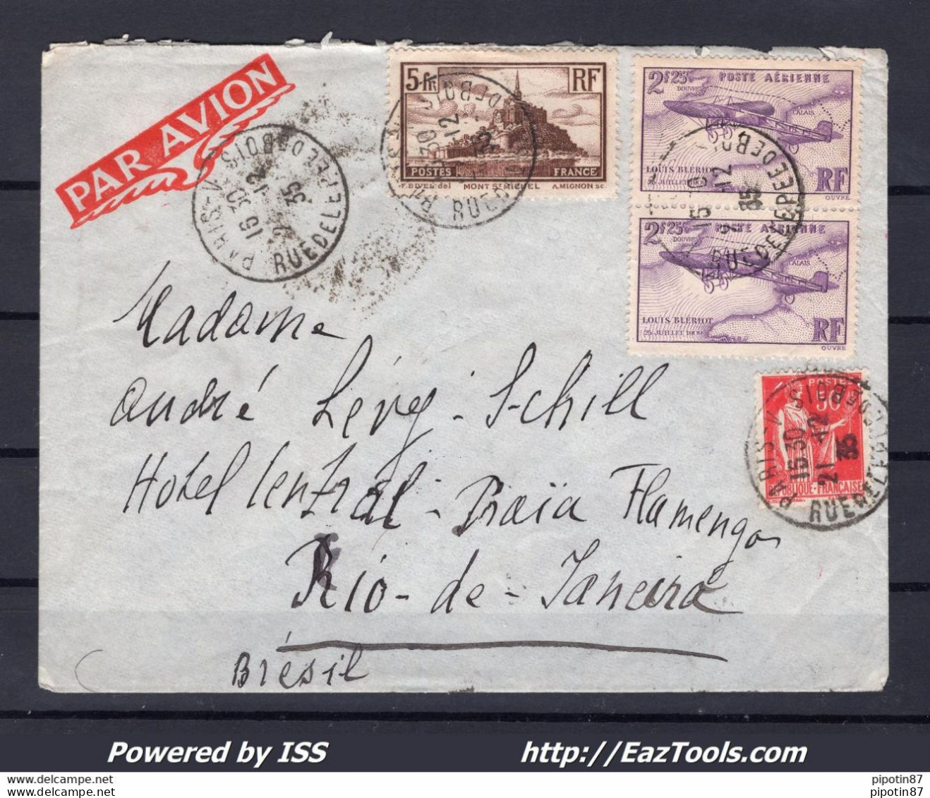 FRANCE LETTRE PAR AVION TARIF 10Fr DONT PAIRE PA N°7 POUR RIO DE JANEIRO 21/12/1935 - Briefe U. Dokumente