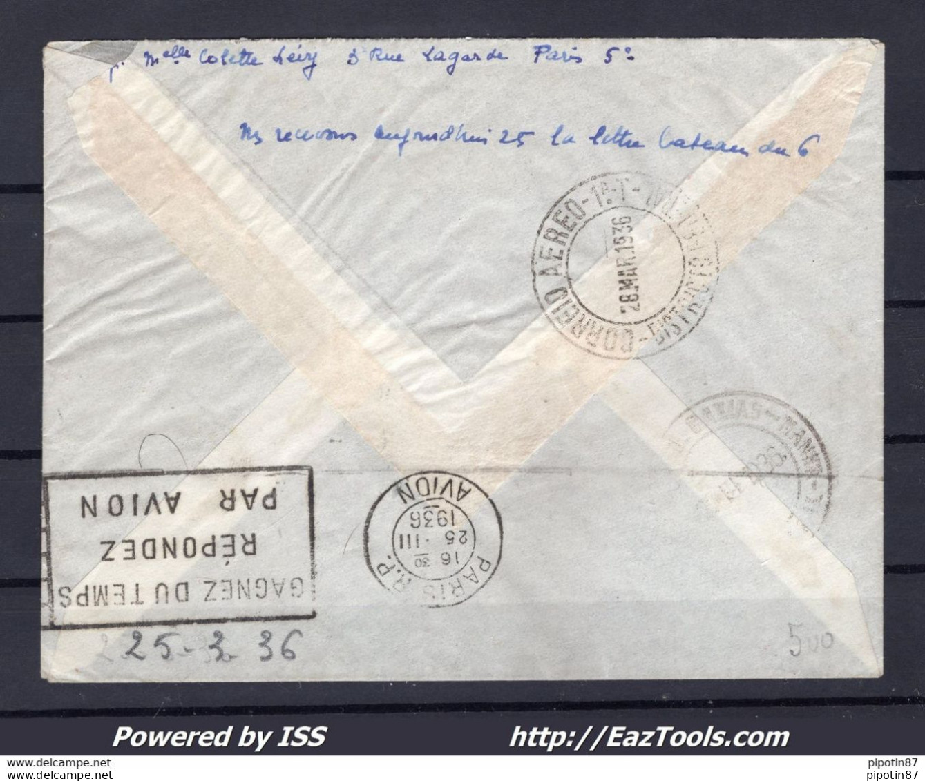 FRANCE LETTRE PAR AVION TARIF 10Fr POUR RIO DE JANEIRO BRESIL DU 25/03/1936 - Briefe U. Dokumente