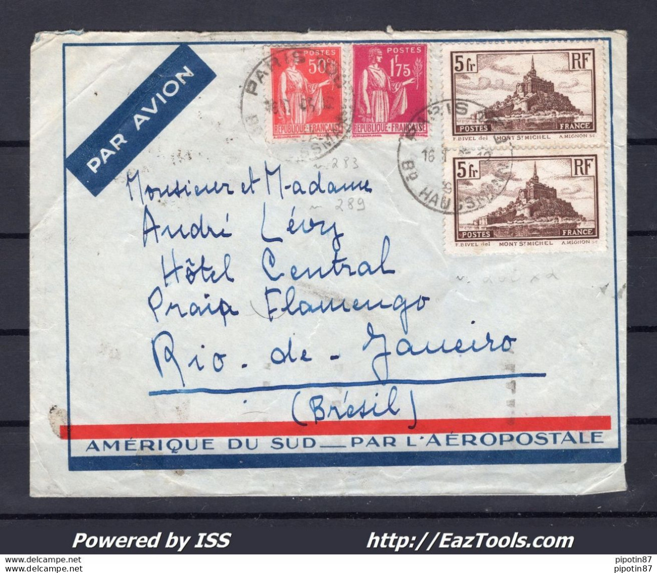 FRANCE LETTRE PAR AVION TARIF 12.25Fr POUR RIO DE JANEIRO BRESIL DU 25/12/1937 - Briefe U. Dokumente