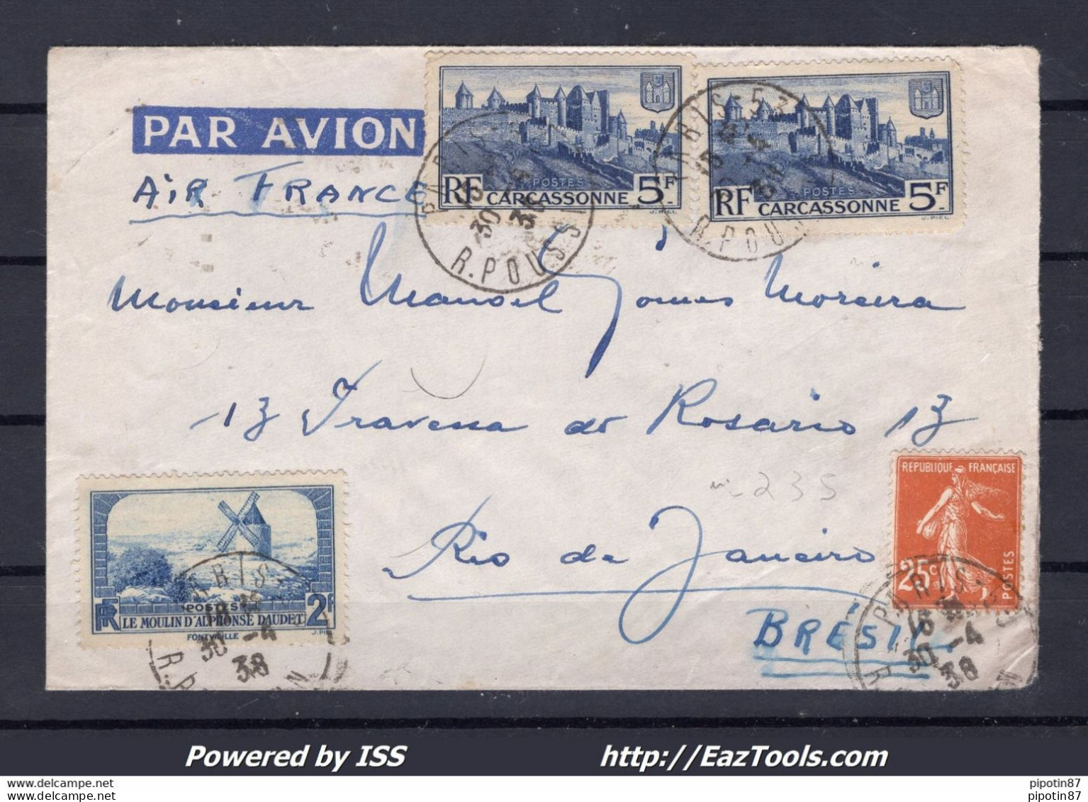 FRANCE LETTRE PAR AVION TARIF 12.25Fr POUR RIO DE JANEIRO BRESIL DU 30/04/1938 - Covers & Documents