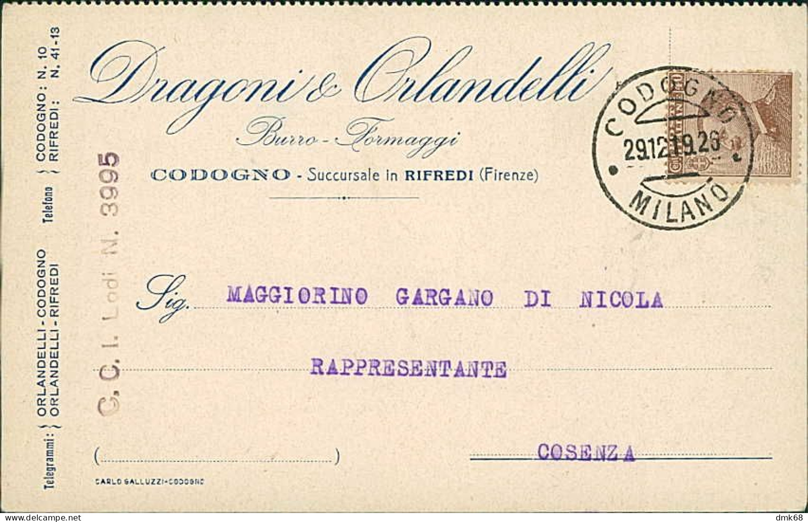 CODOGNO ( LODI ) DRAGONI & ORLANDELLI - BURRO E FORMAGGI - CARTOLINA PUBLICITARIA - SPEDITA 1926 (18490) - Lodi