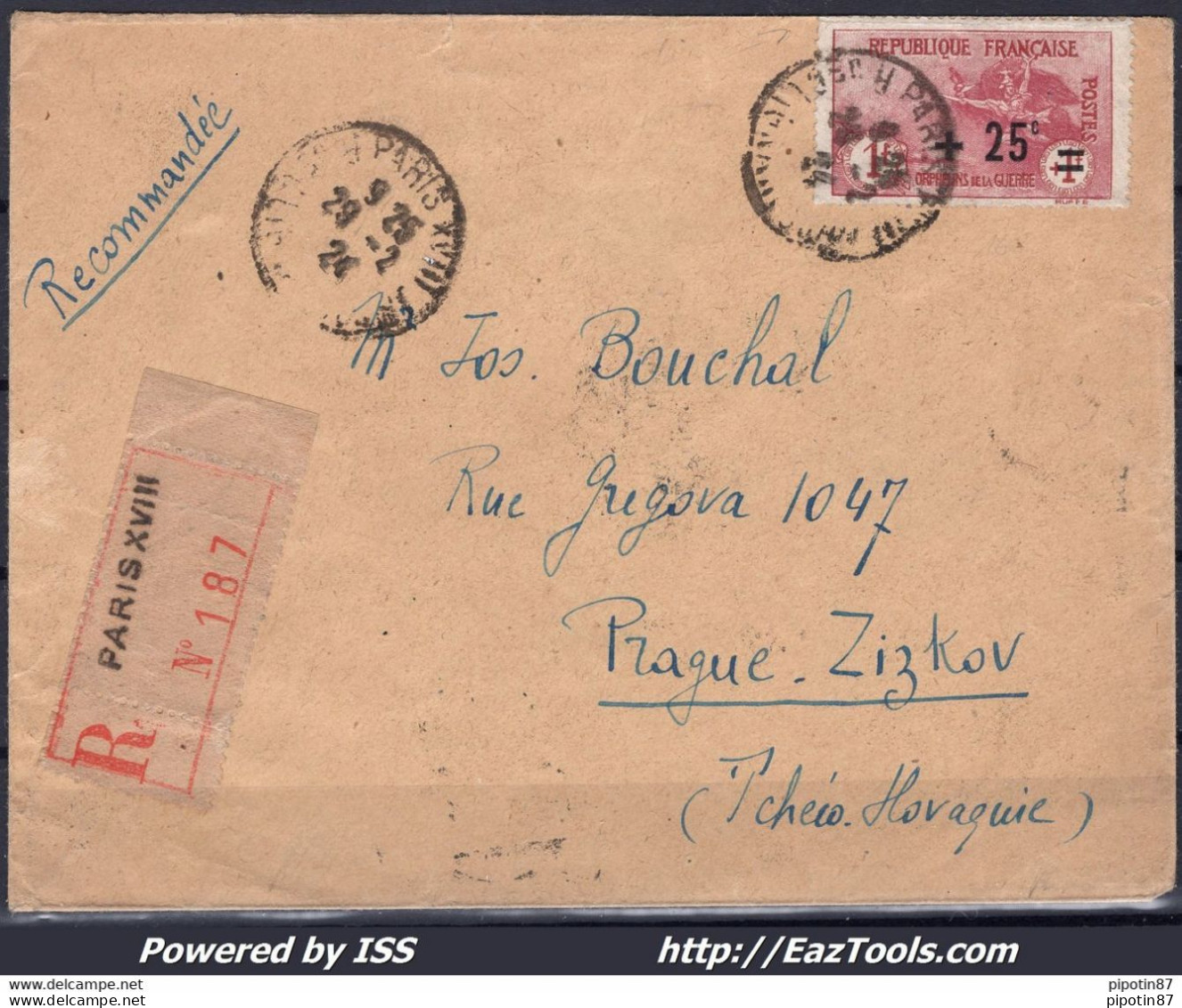 FRANCE N° 168 SEUL SUR LR POUR PRAGUE TCHECOSLOVAQUIE DU 29/02/1924 - Lettres & Documents