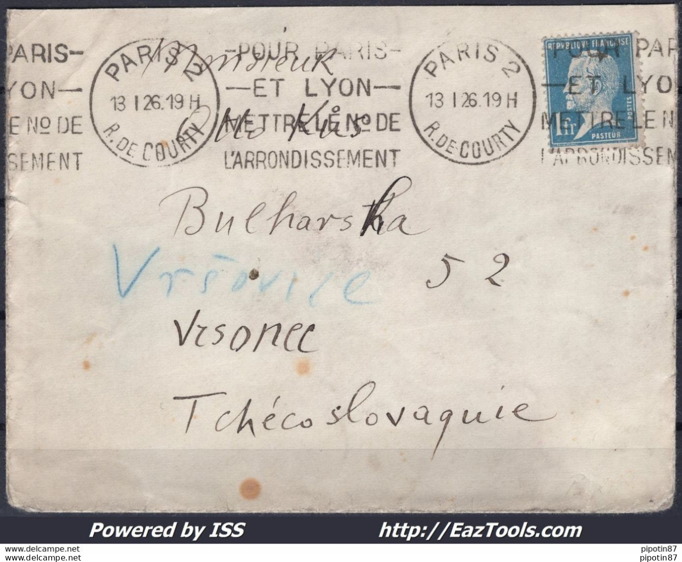 FRANCE N° 179 SEUL SUR LETTRE POUR LA TCHECOSLOVAQUIE DE PARIS DU 13/01/1926 - Covers & Documents