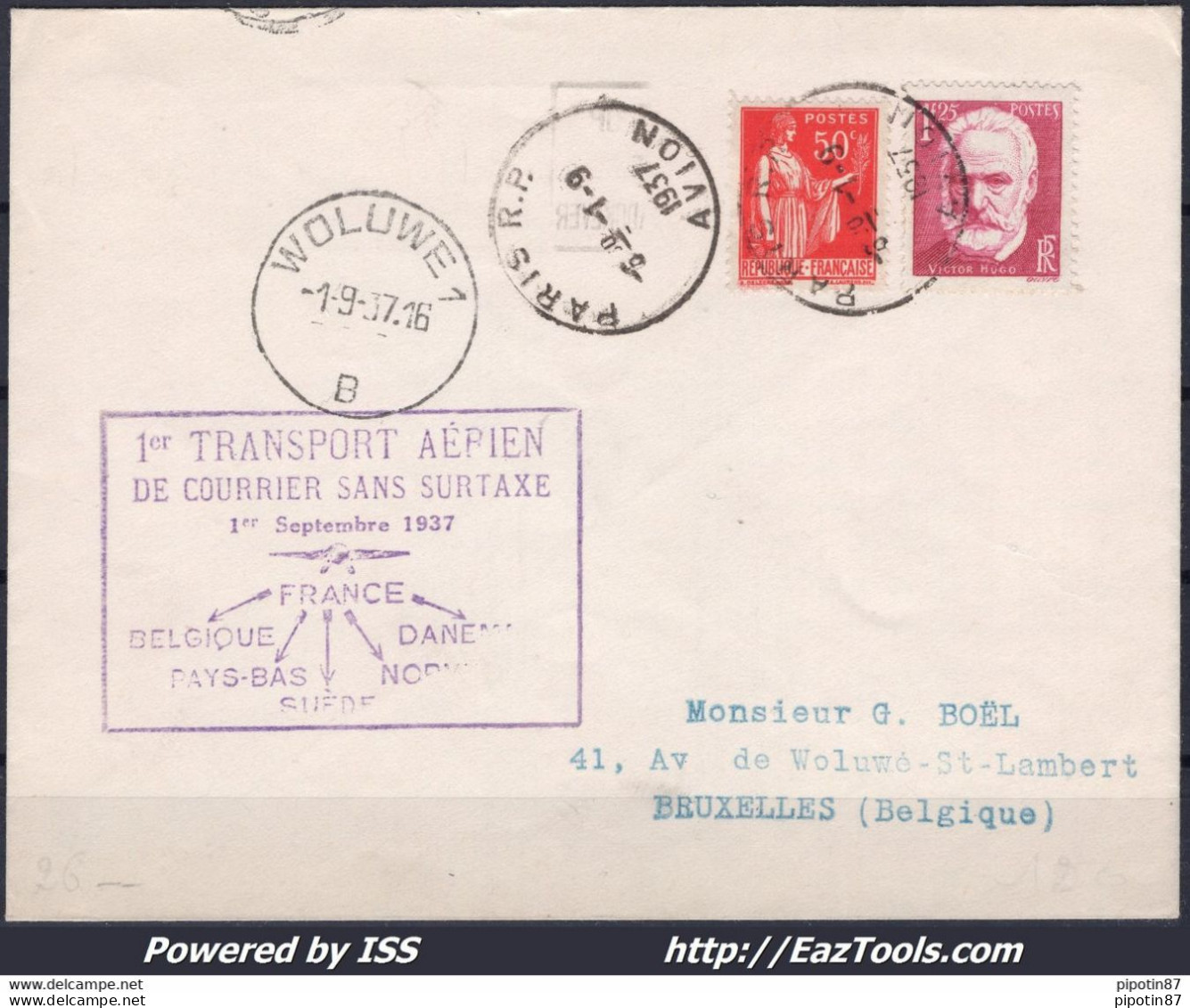 FRANCE N° 283+304 SUR LETTRE PAR AVION POUR BRUXELLES DU 01/09/1937 1ER JOUR DE TARIF - Cartas & Documentos