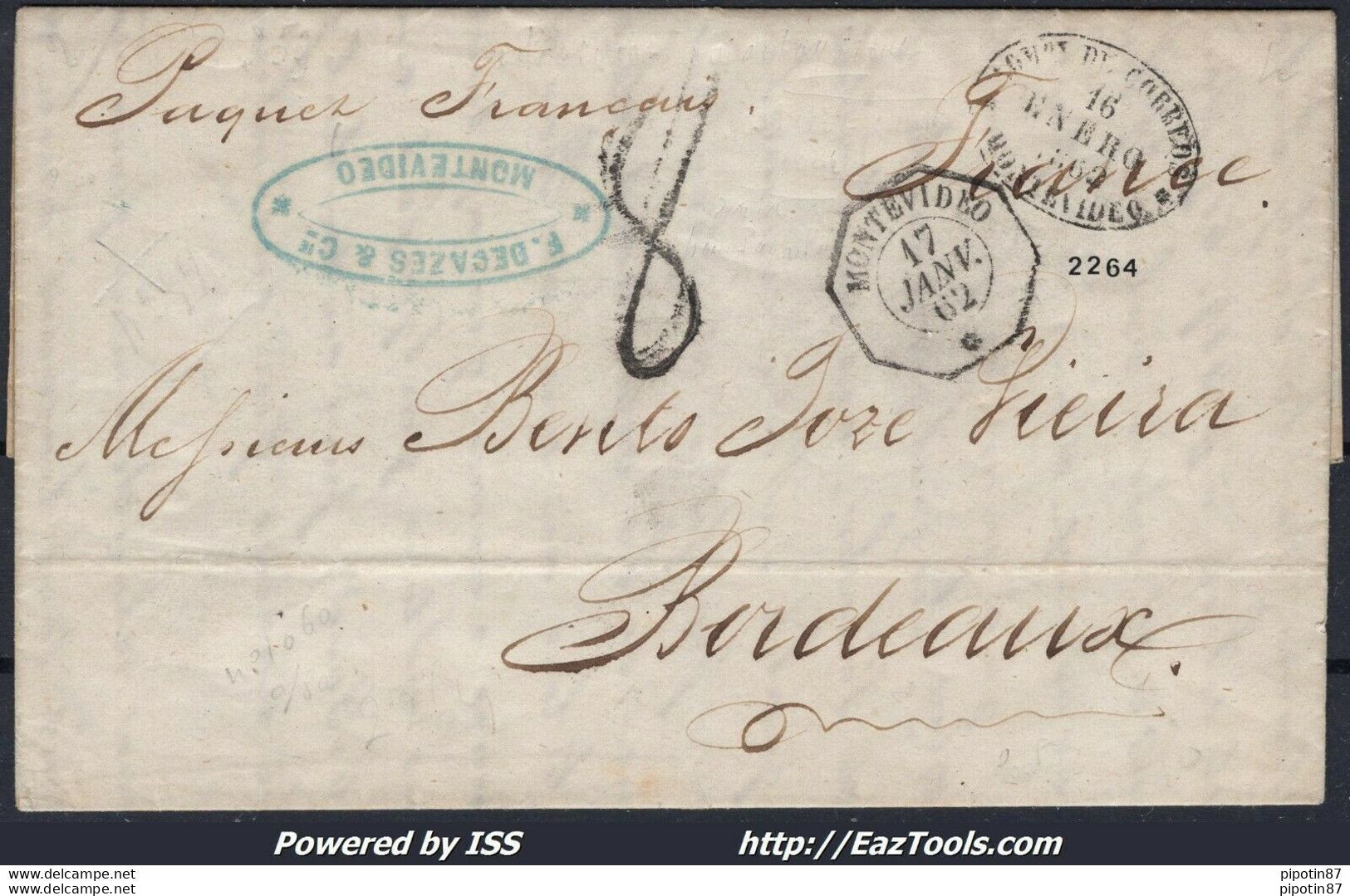FRANCE LETTRE POUR BORDEAUX CACHET CONSULAIRE OCTOGONAL MONTEVIDEO 17/01/1862 - 1849-1876: Klassieke Periode