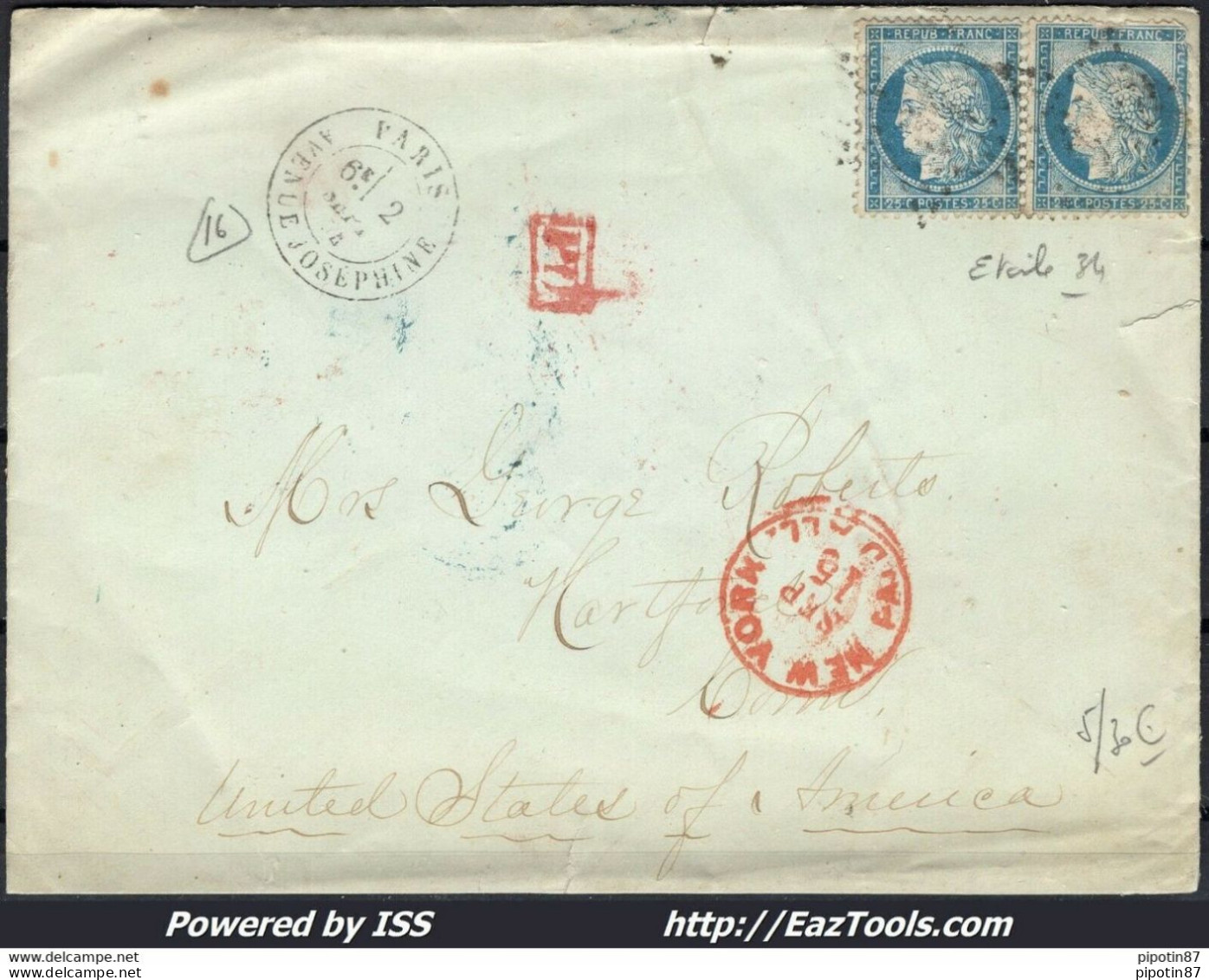 FRANCE N°60x2 SUR LETTRE POUR LES USA ETOILE 34 + CAD PARIS RUE JOSEPHINE RR - 1849-1876: Klassik