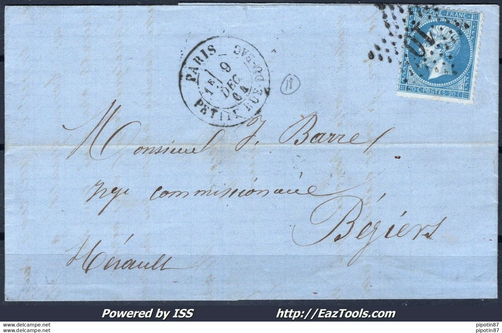 FRANCE N°22 SUR LETTRE RARE ETOILE 10 + CAD PARIS PETITE RUE DU BAC 09/12/1864 - 1849-1876: Période Classique