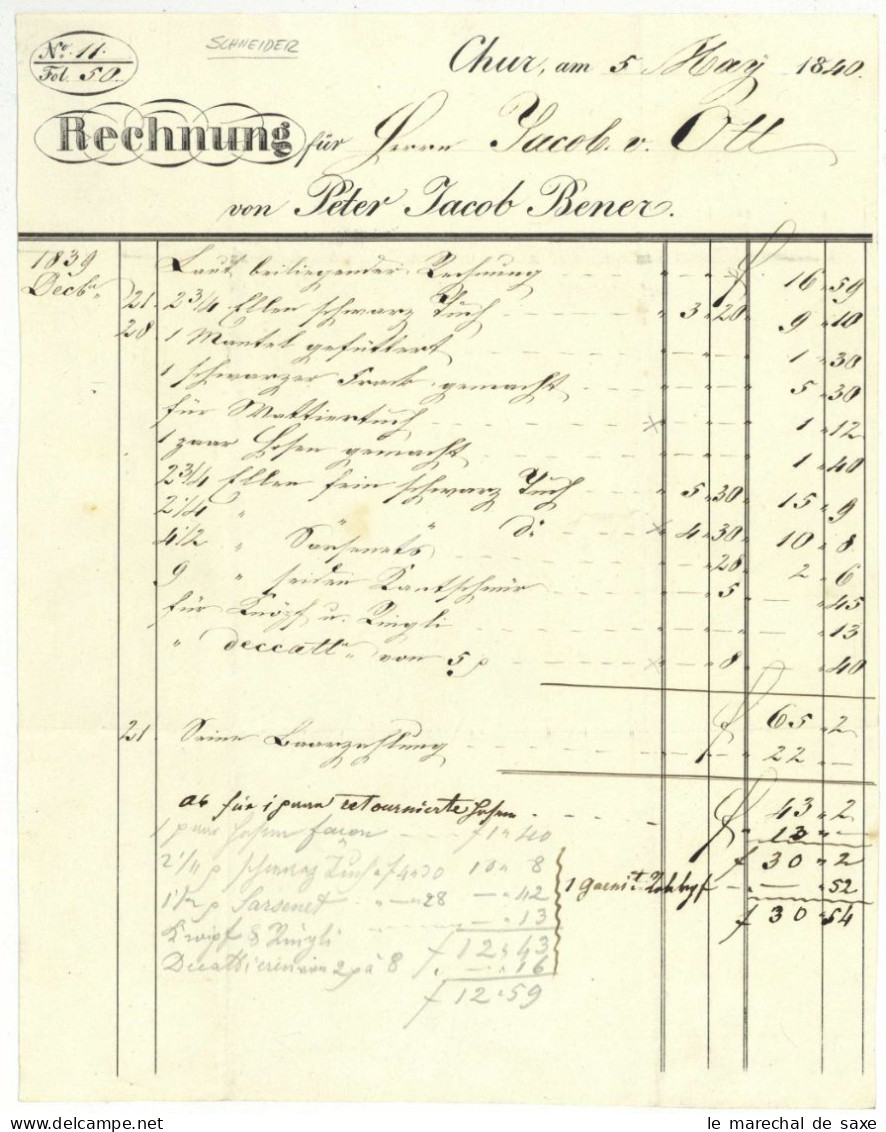Rechnung Schneider Peter Jacob Bener 1840 Chur Coire - Svizzera