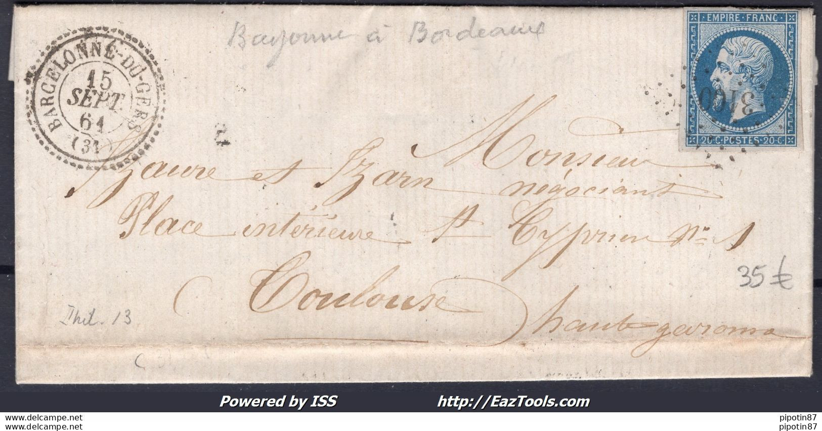 FRANCE N° 14A SUR LETTRE PC 3100 BARCELONNE DU GERS GERS + CAD DU 15/09/1861 - 1862 Napoléon III