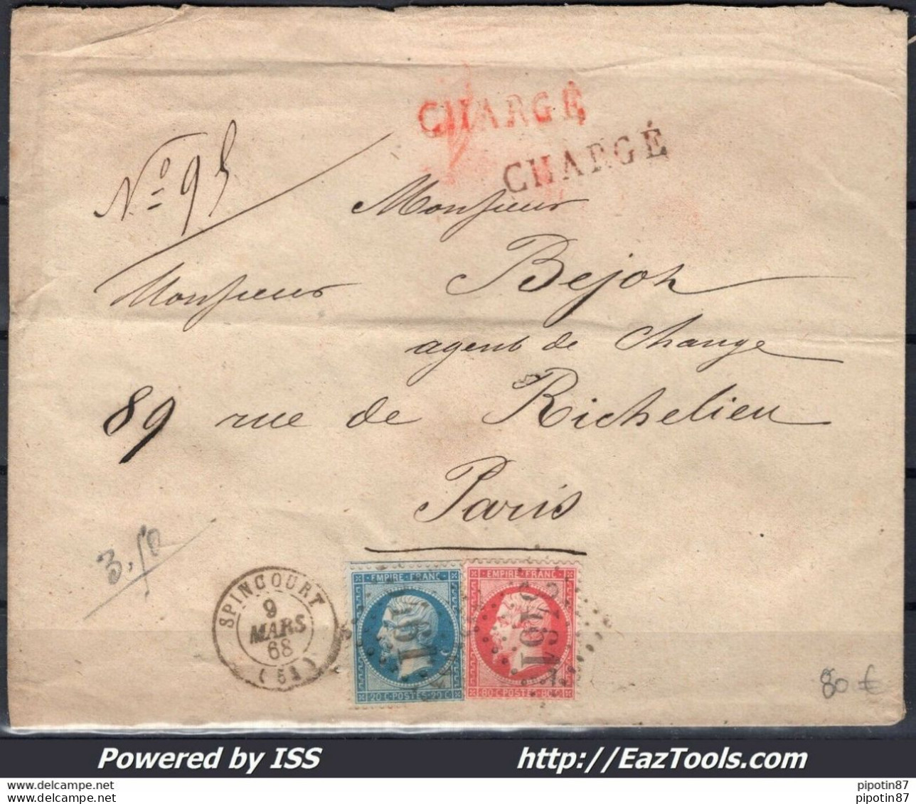 FRANCE N° 22+24 SUR LETTRE CHARGÉE POUR PARIS GC 3461 SPINCOURT DU 09/03/1868 - 1862 Napoleon III