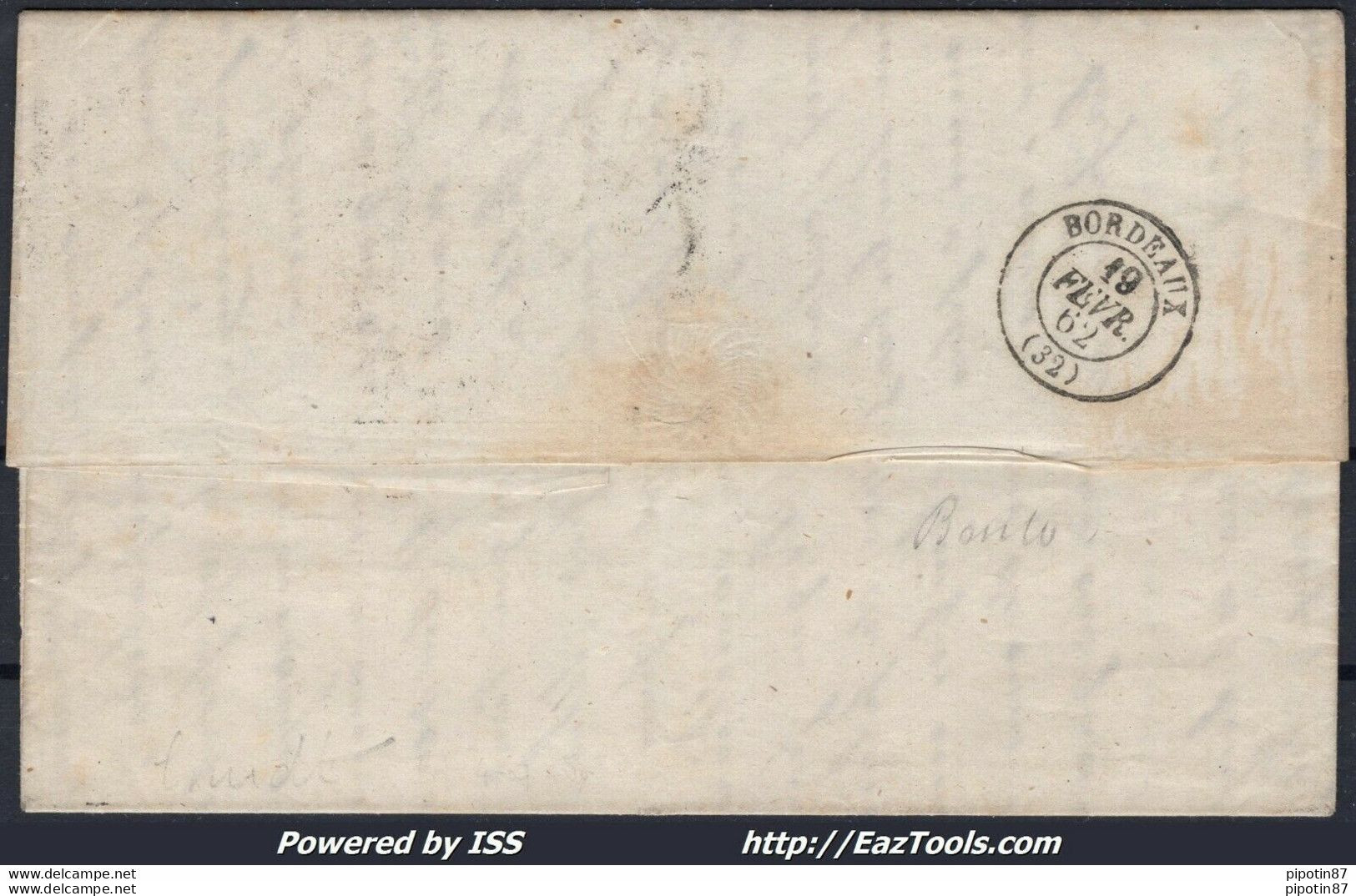 FRANCE LETTRE POUR BORDEAUX CACHET CONSULAIRE OCTOGONAL MONTEVIDEO 17/01/1862 - Poste Maritime