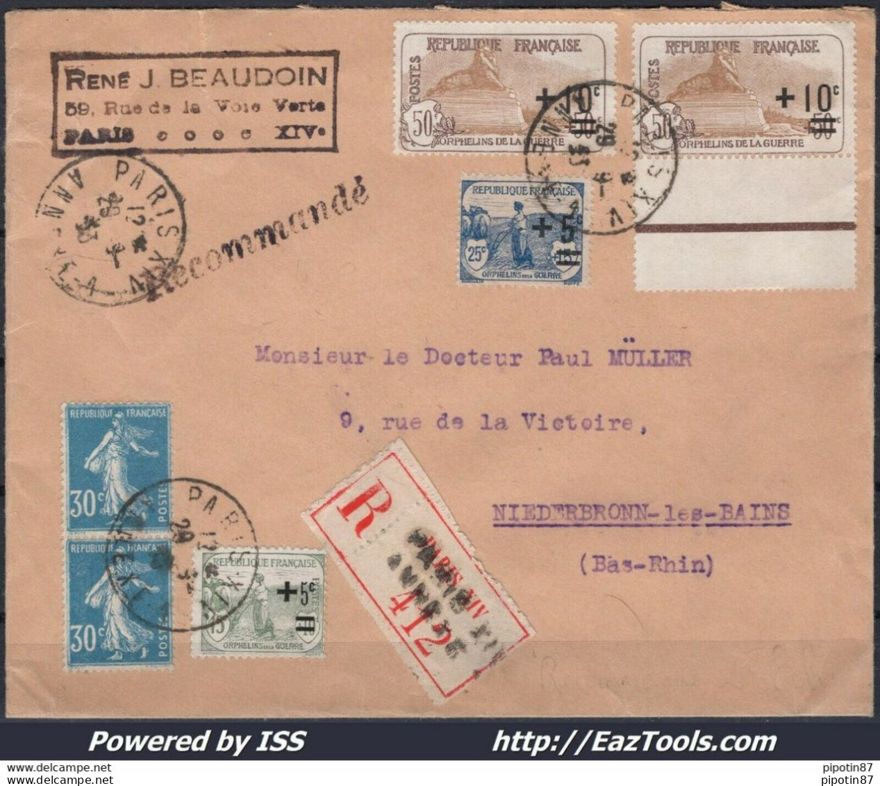 FRANCE N°164+165+167x2+192x2 LR POUR NIEDERBRONN LES BAINS DU 29/09/1933 - Covers & Documents