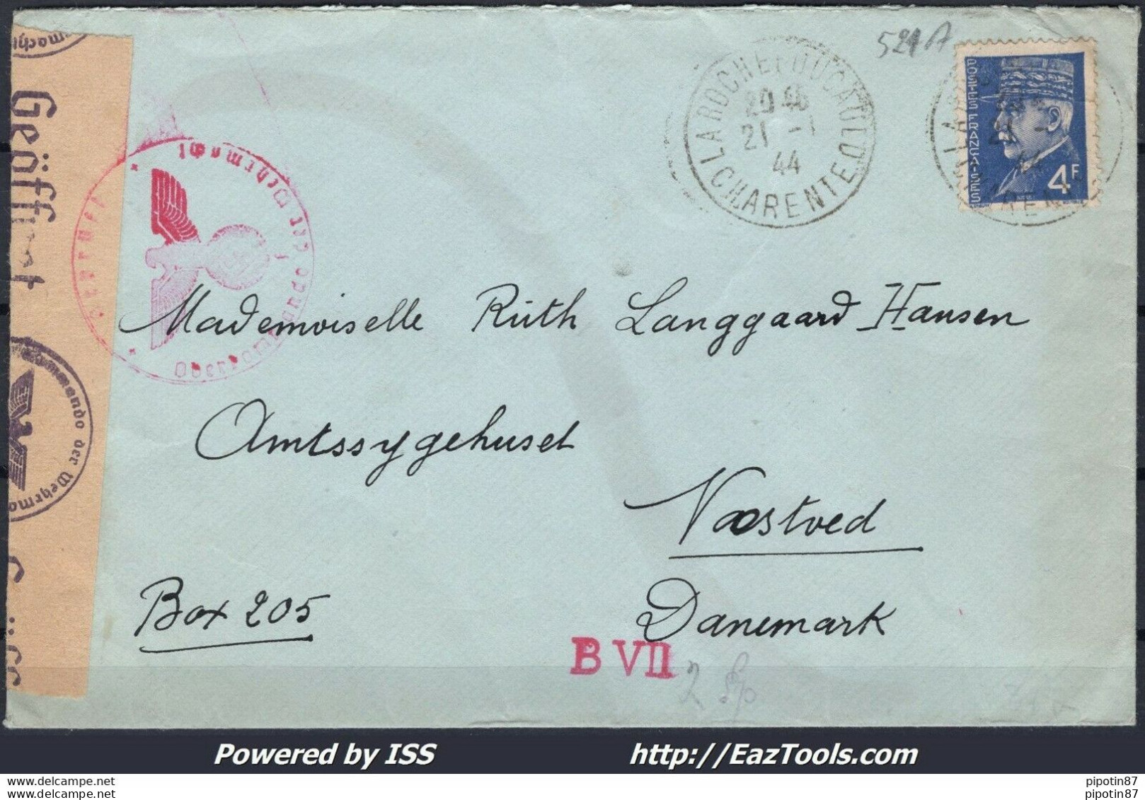 FRANCE N° 521A SEUL SUR LETTRE POUR LE DANEMARK DU 21/01/1944 + CENSURE - Brieven En Documenten