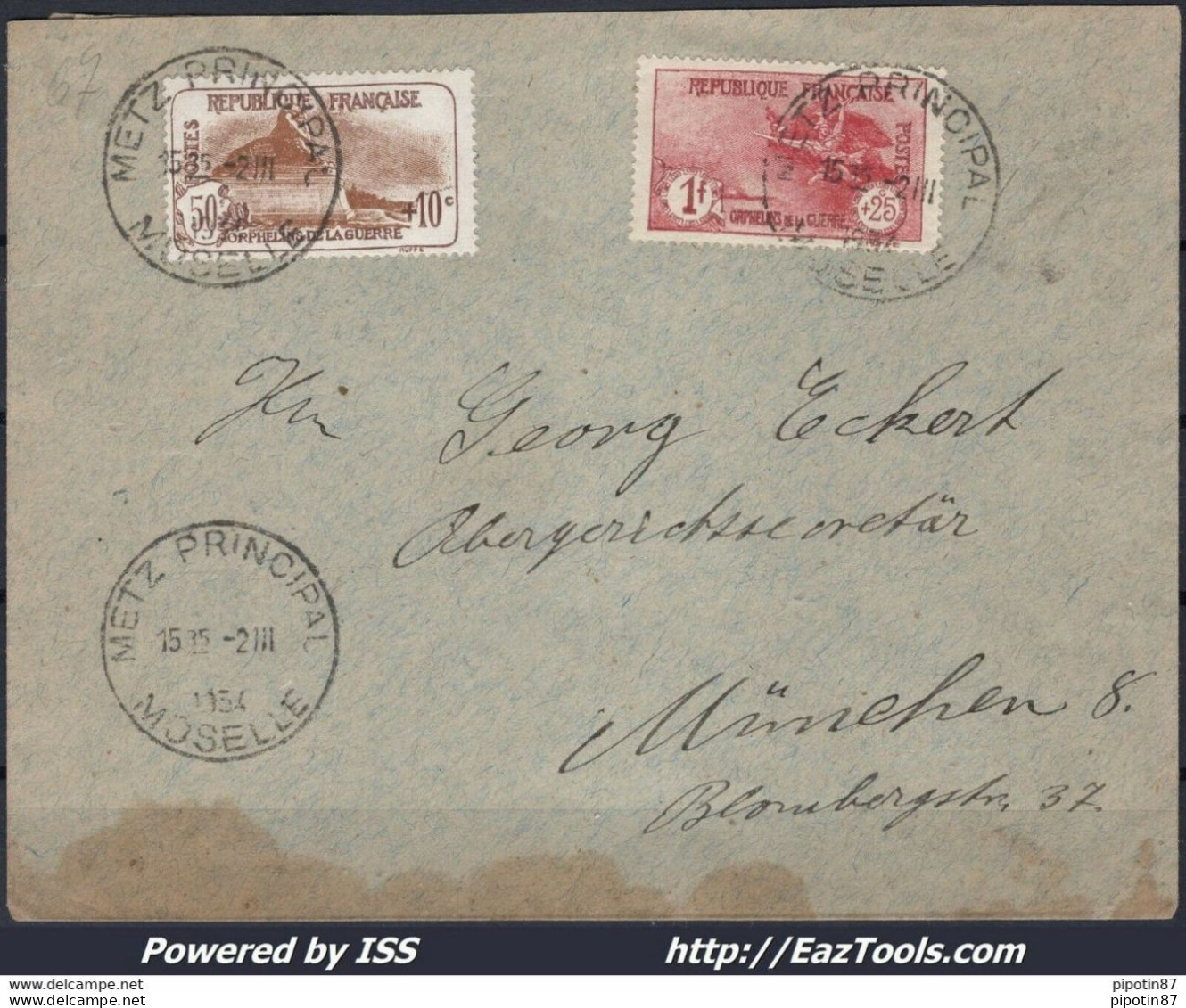 FRANCE N° 230/231 SUR LETTRE POUR MUNICH DE METZ PRINCIPAL DU 21/11/1934 - Storia Postale