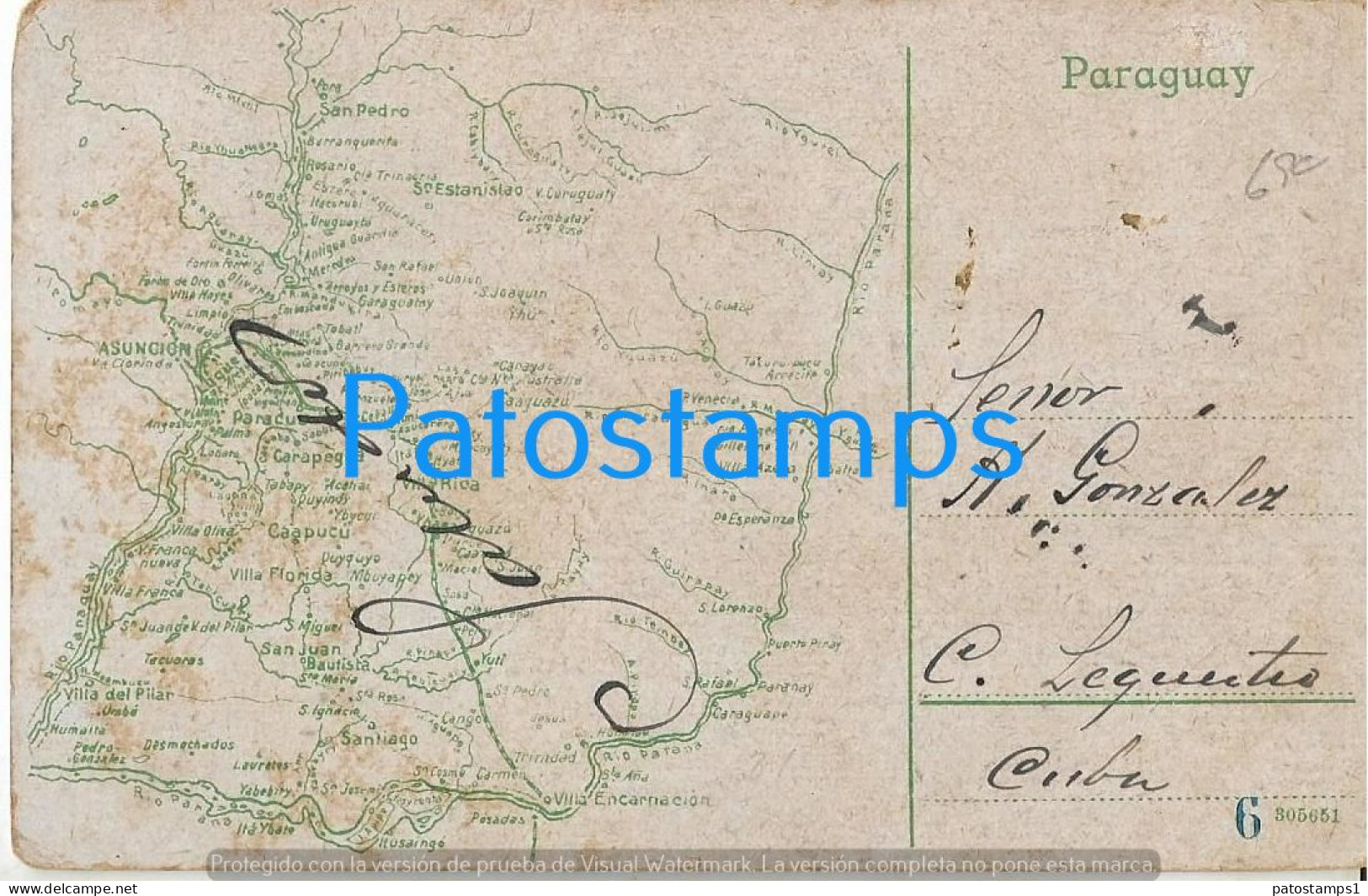 216100 PARAGUAY ASUNCION CHURCH IGLESIA LA ENCARNACION & MAP MAPA CIRCULATED TO CUBA POSTAL POSTCARD - Paraguay