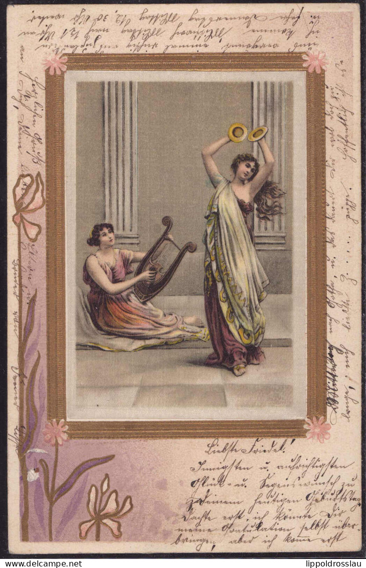 Gest. Frauen Allegorie Seidenkarte 1904, Briefmarke Beschädigt - Ohne Zuordnung