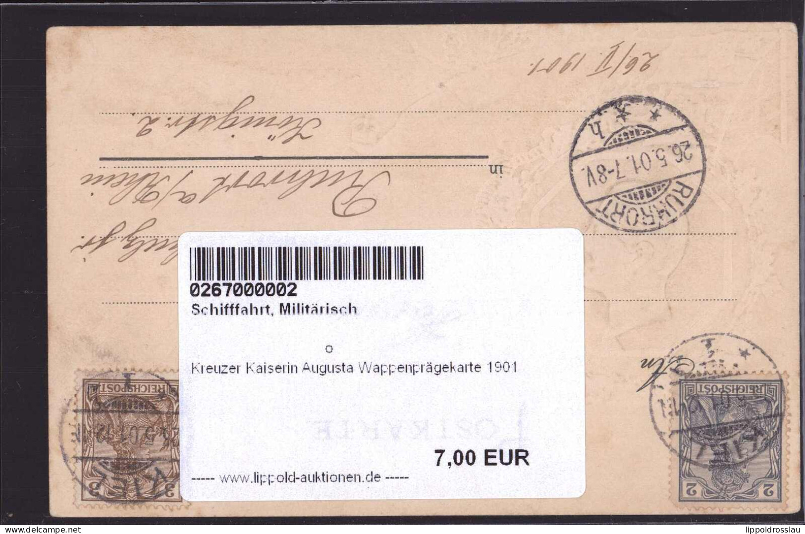 Gest. Kreuzer Kaiserin Augusta Wappenprägekarte 1901 - Guerre