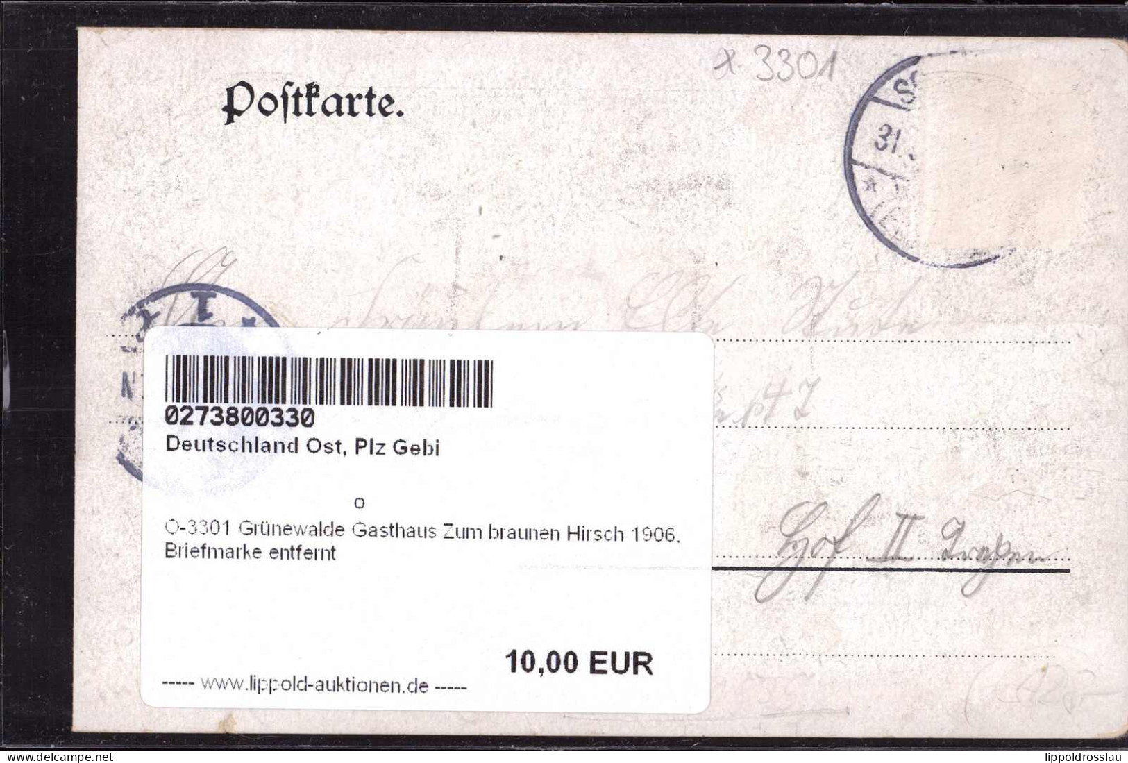 Gest. O-3301 Grünewalde Gasthaus Zum Braunen Hirsch 1906, Briefmarke Entfernt - Schoenebeck (Elbe)