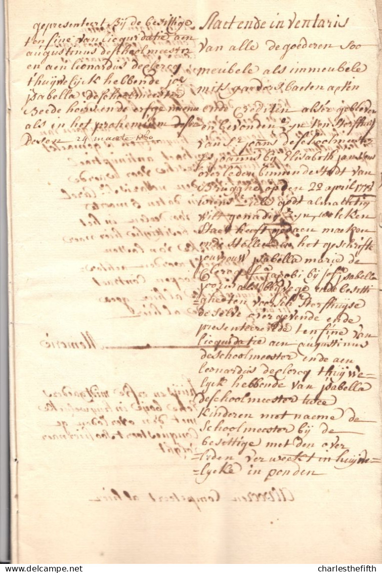 1780 STAET EN INVENTARIS VAN GOEDEREN TEN STERFHUYSE VAN JOANNES DE SCHOOLMEESTER TE BRUGGE - 21 BLZ - Historische Dokumente