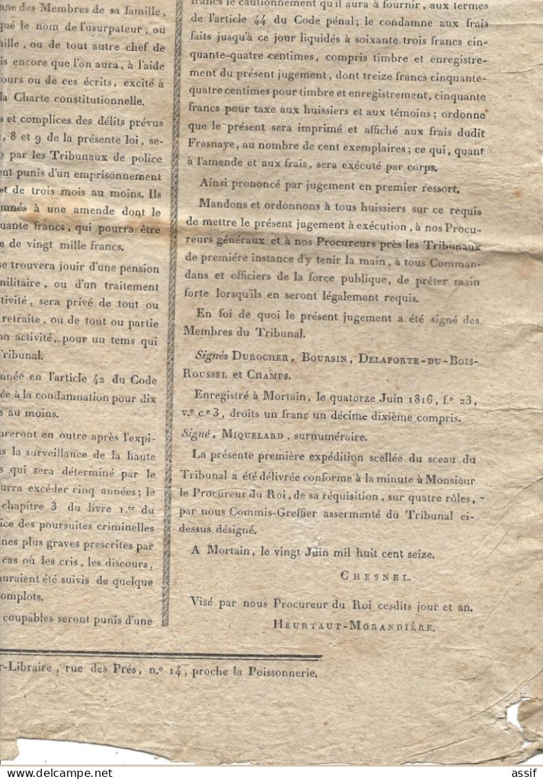 Affiche 1816 Mortain Cris Séditieux " Vive Napoléon ! "  2 Ans De Prison Pour  .. De Fraisnaye . De Saint Cyr  En Pail - Plakate